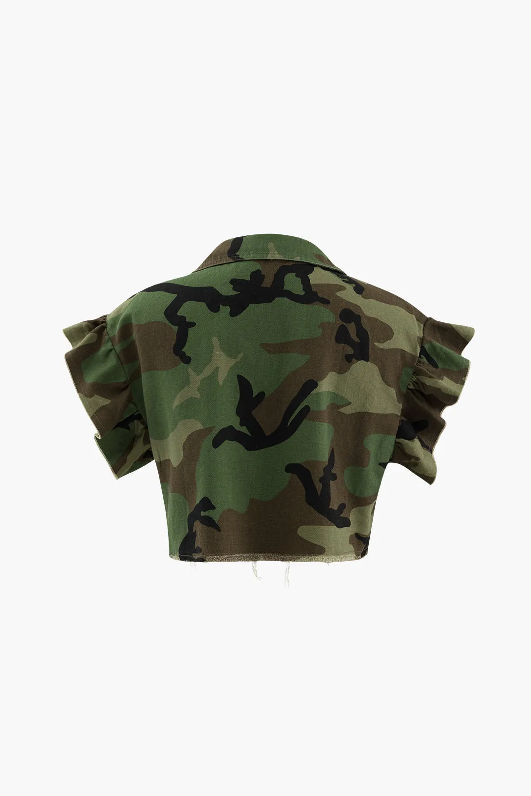 Camo Ruffle Sleeve Crop Frayed T-Shirt