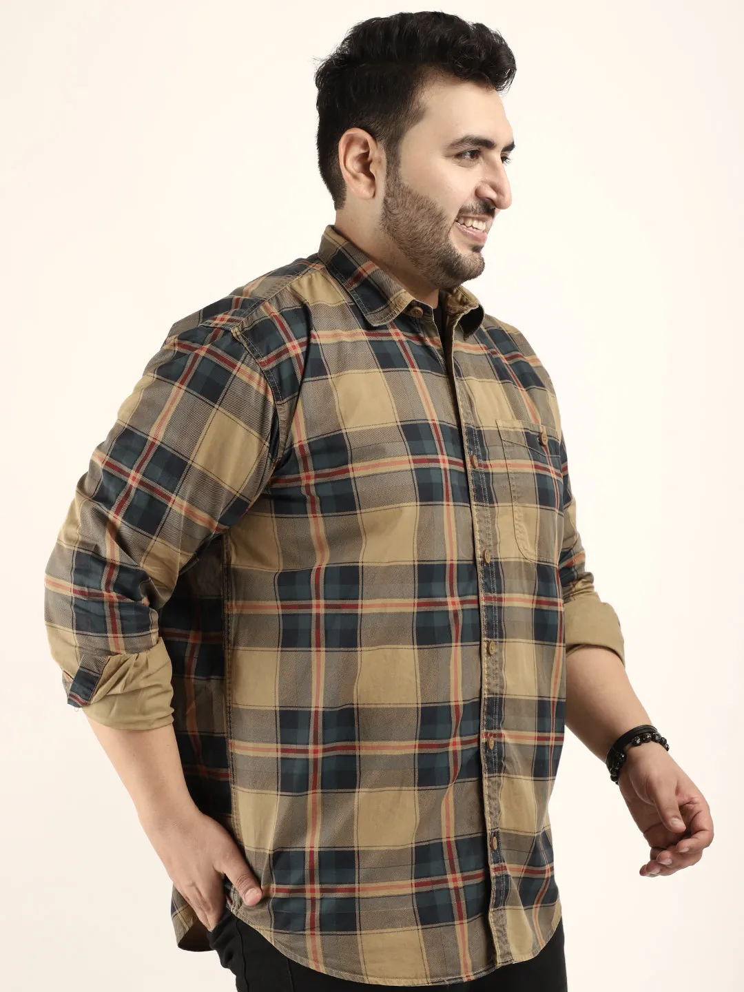 Check Khaki Full Sleeve Plus Size Shirt
