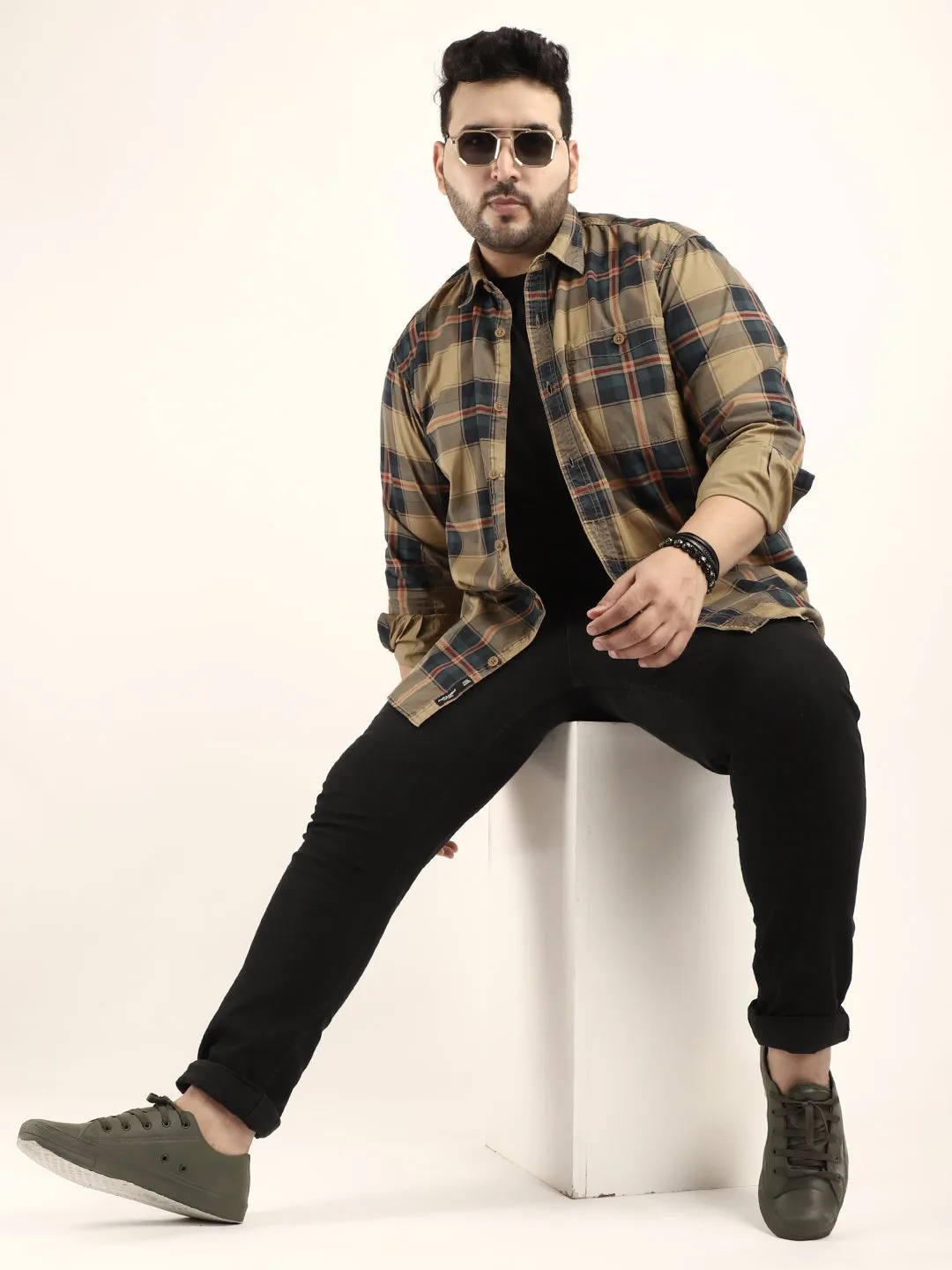 Check Khaki Full Sleeve Plus Size Shirt