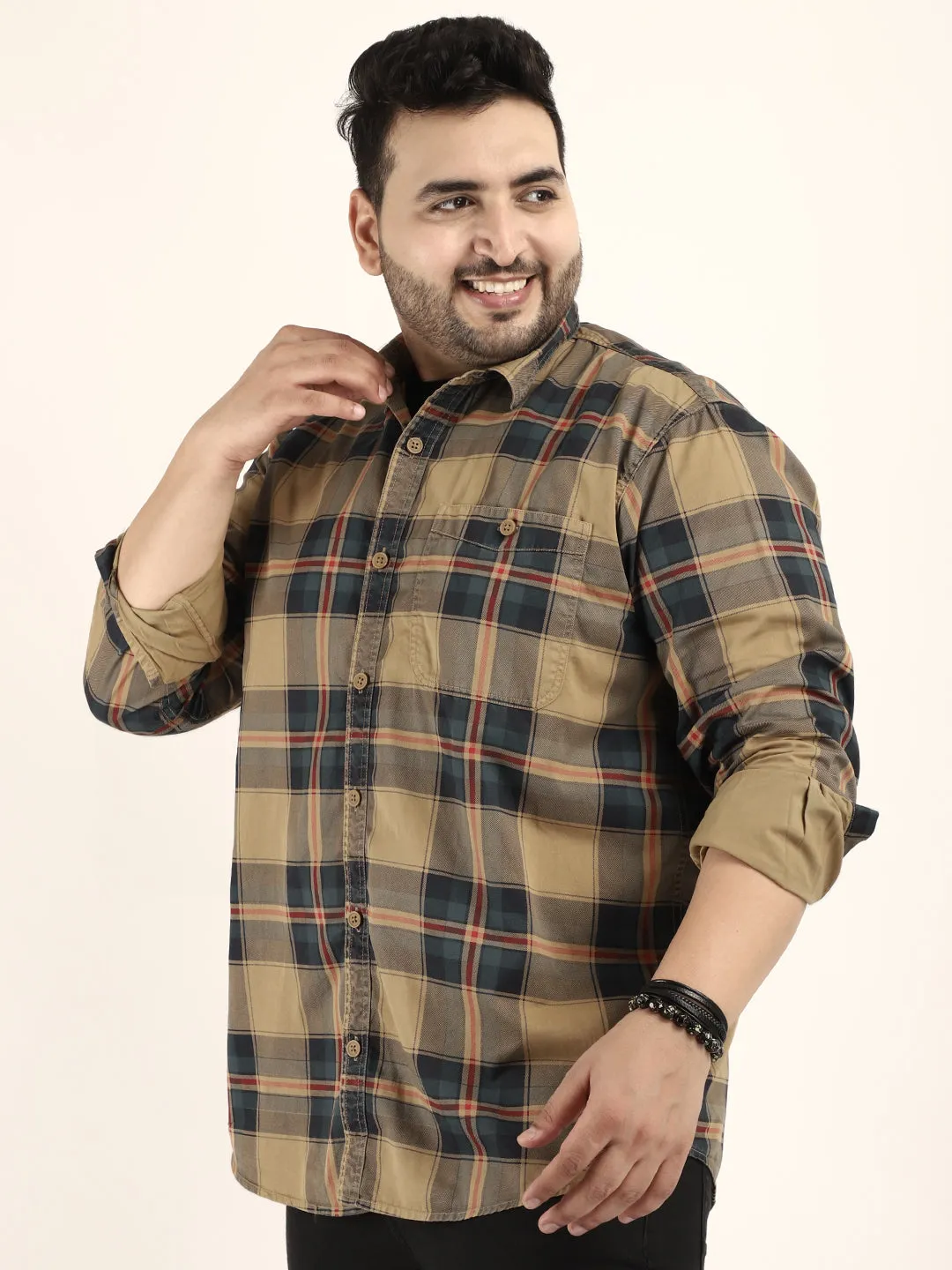 Check Khaki Full Sleeve Plus Size Shirt