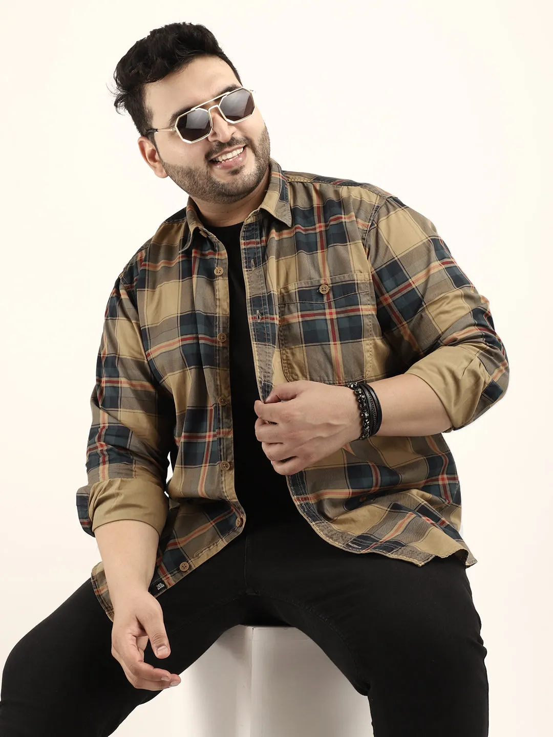 Check Khaki Full Sleeve Plus Size Shirt