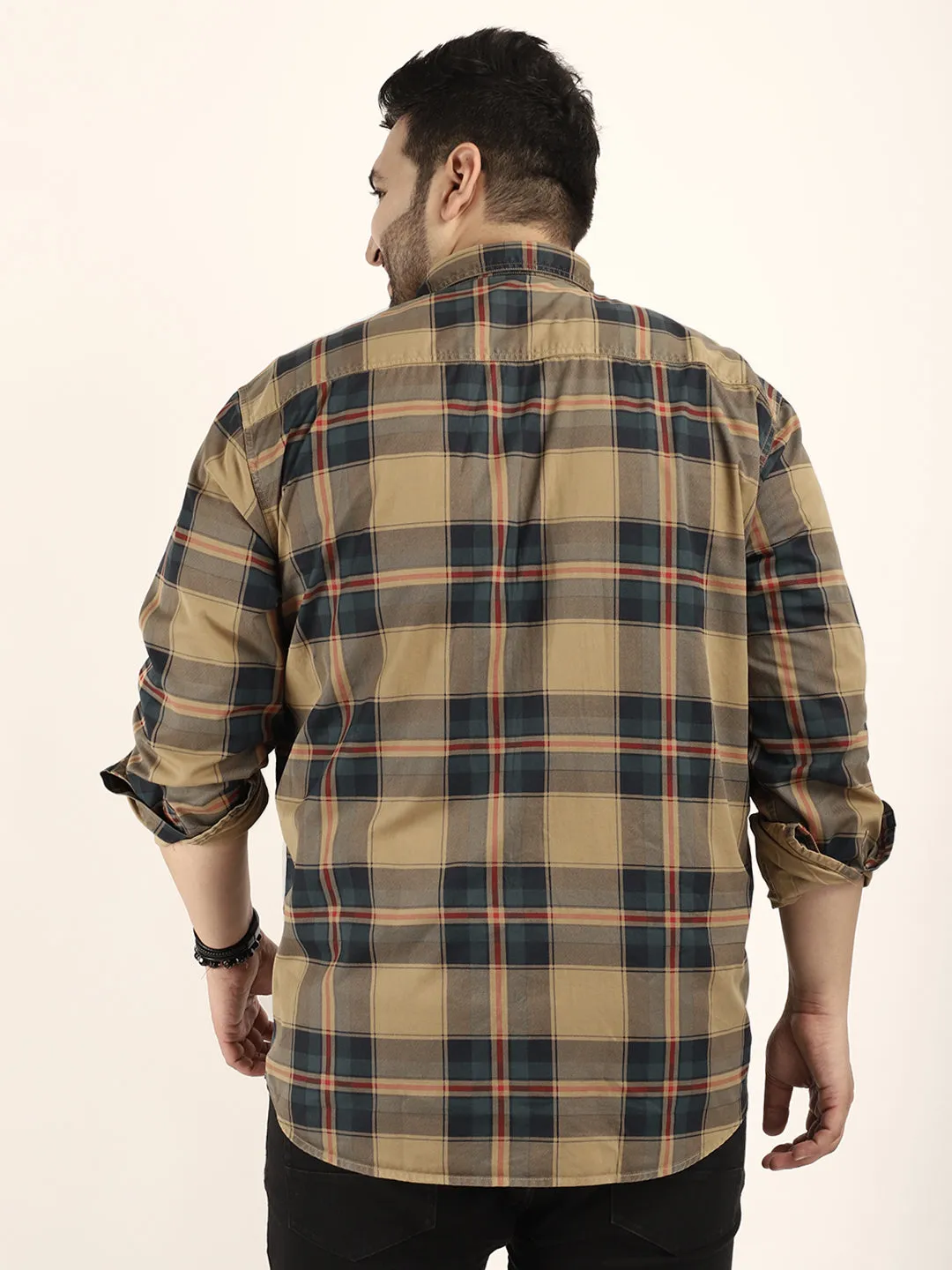 Check Khaki Full Sleeve Plus Size Shirt