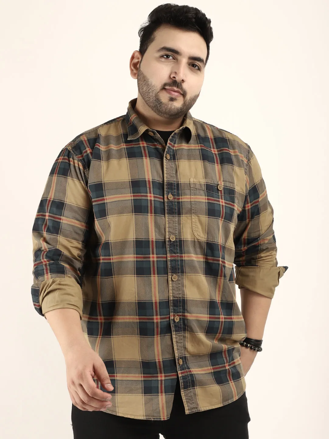 Check Khaki Full Sleeve Plus Size Shirt
