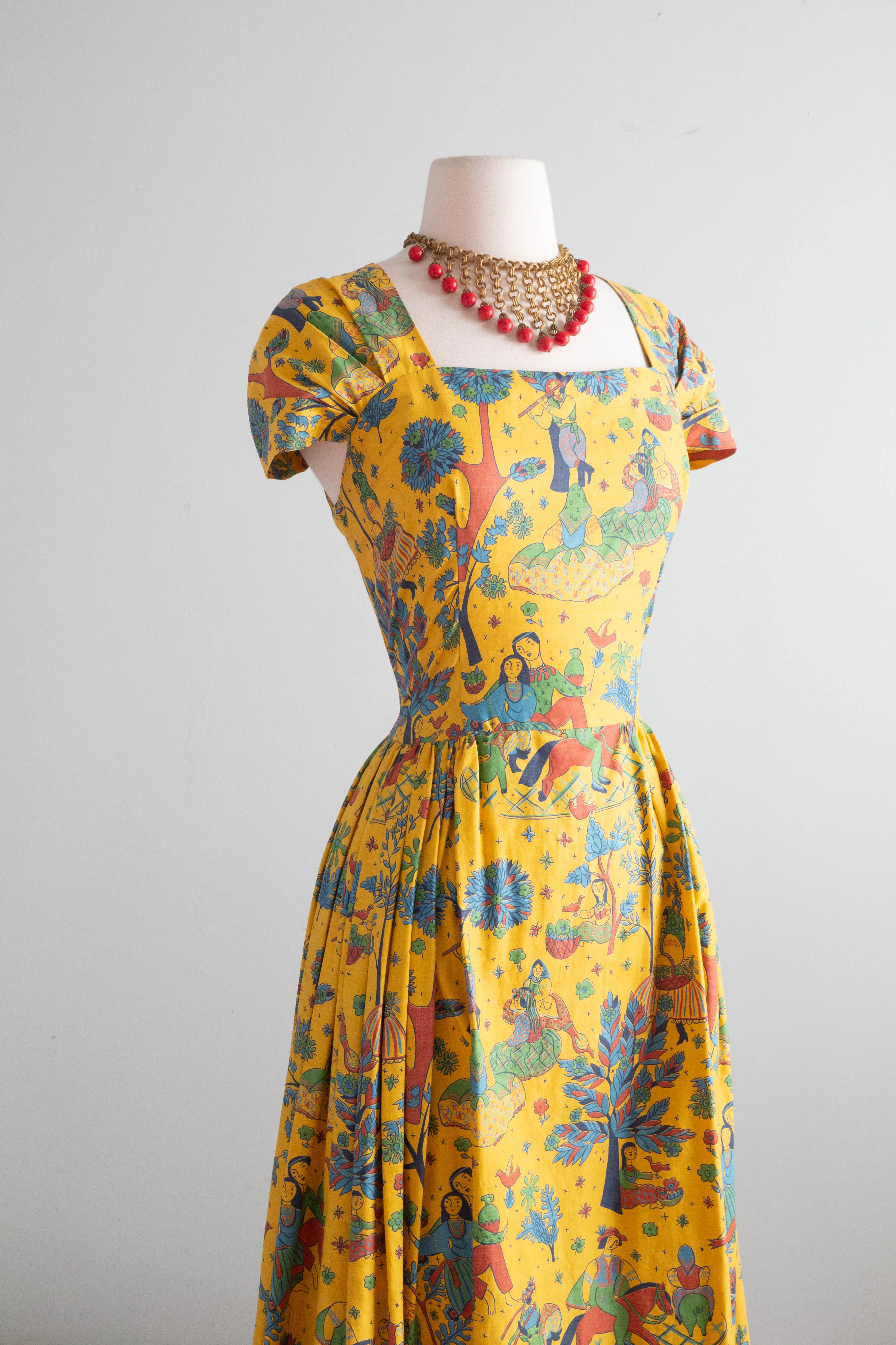 Classic 1950's Carolyn Schnurer Novelty Print Cotton Dress / Medium