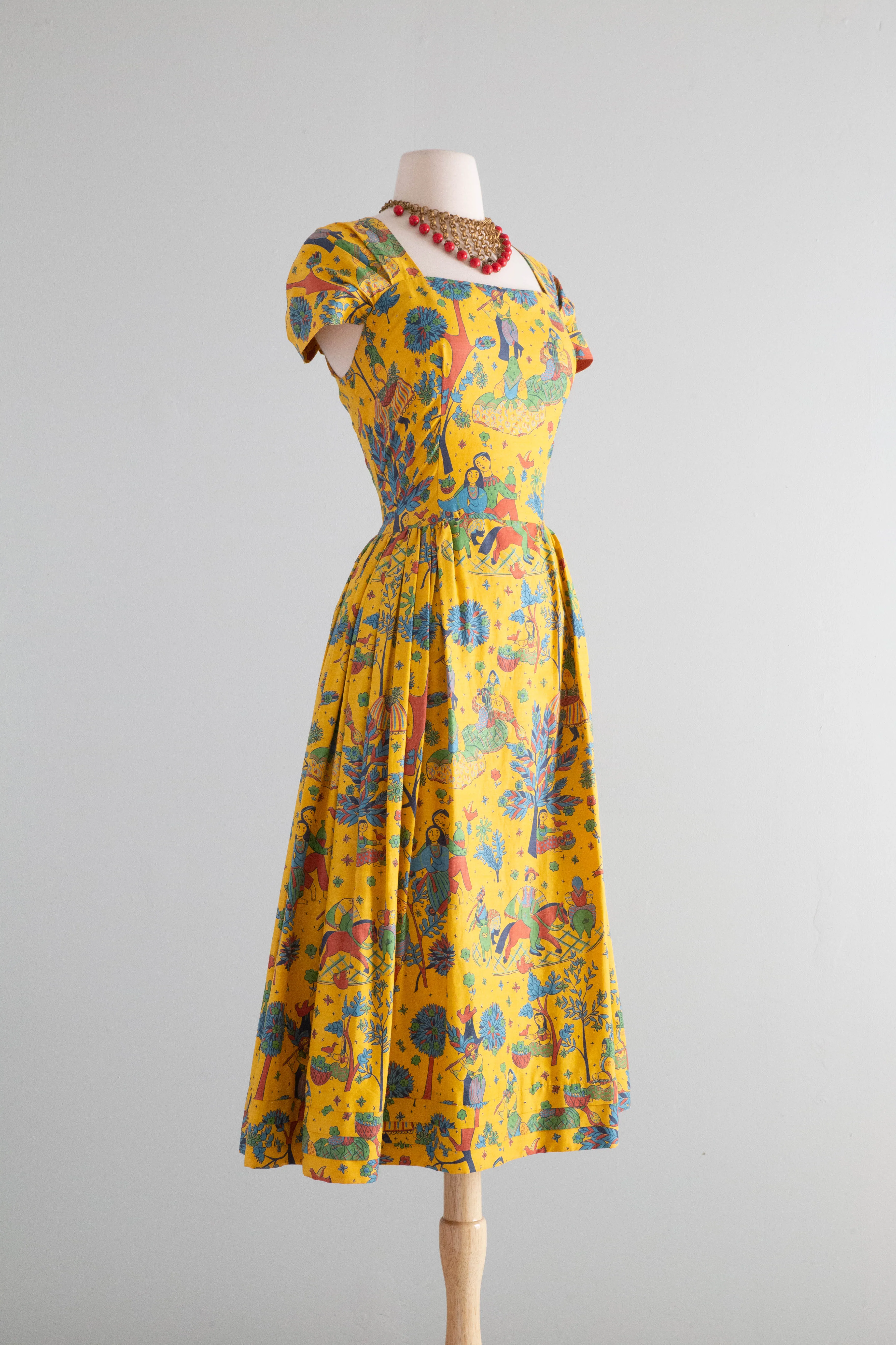 Classic 1950's Carolyn Schnurer Novelty Print Cotton Dress / Medium