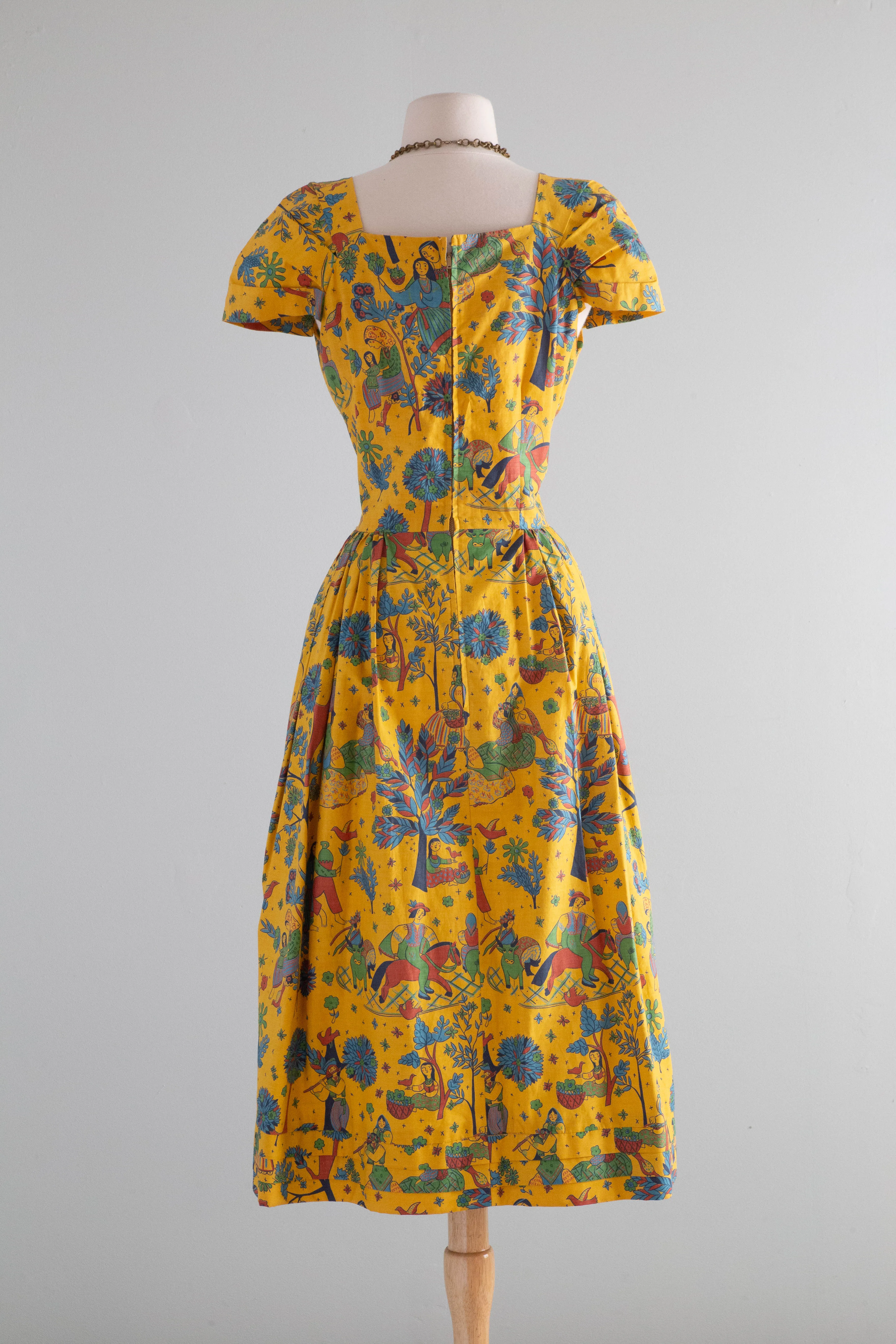 Classic 1950's Carolyn Schnurer Novelty Print Cotton Dress / Medium