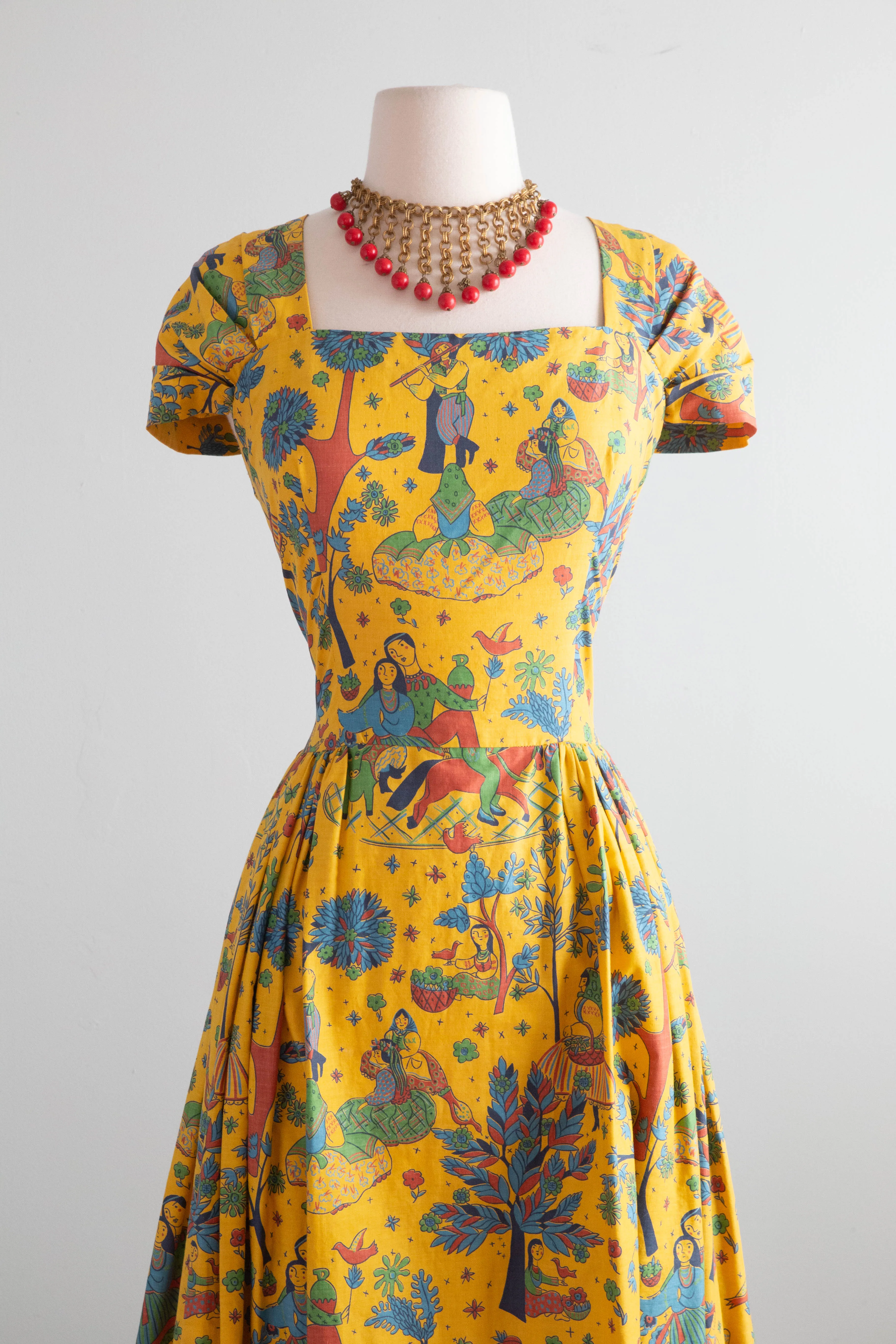 Classic 1950's Carolyn Schnurer Novelty Print Cotton Dress / Medium