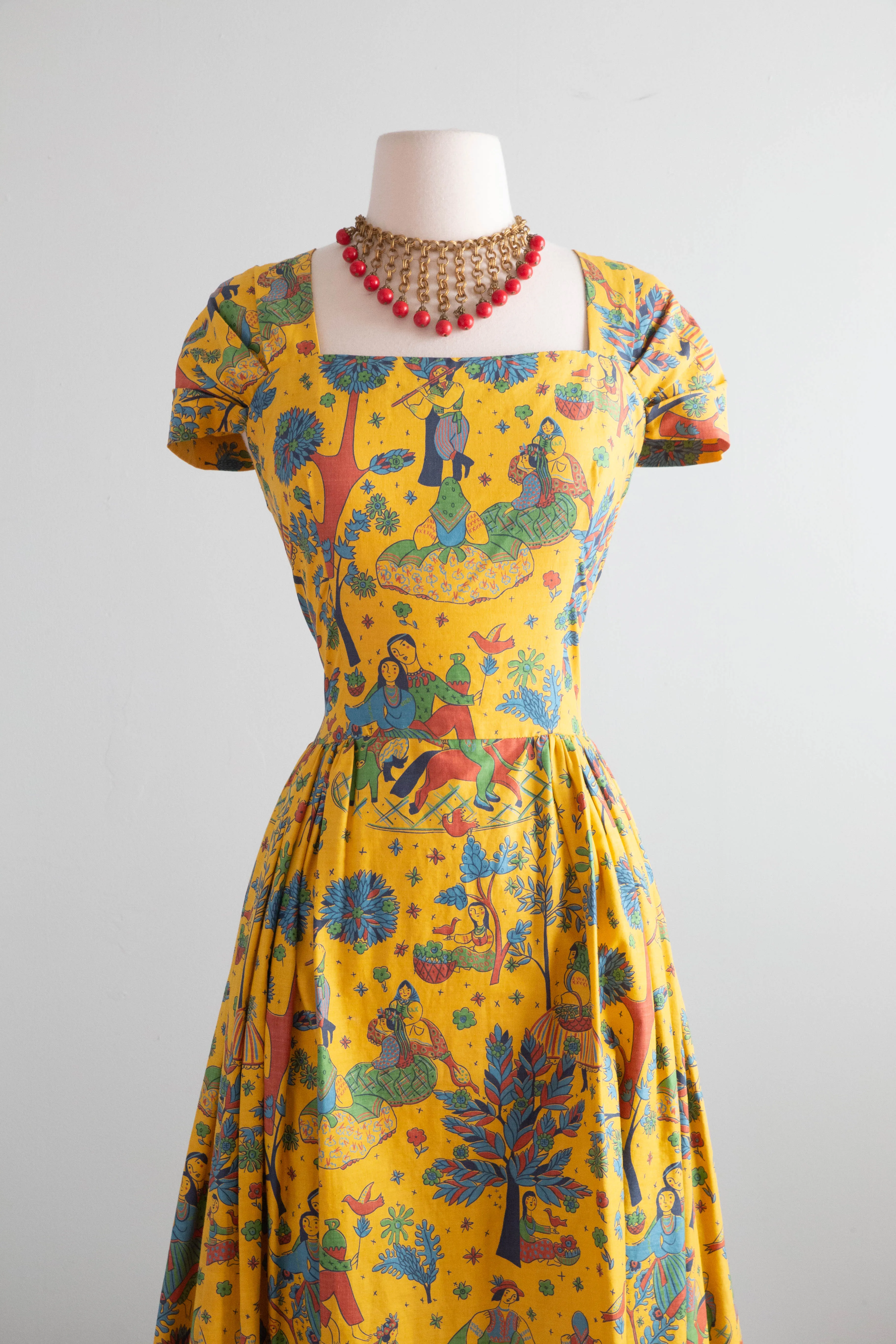 Classic 1950's Carolyn Schnurer Novelty Print Cotton Dress / Medium