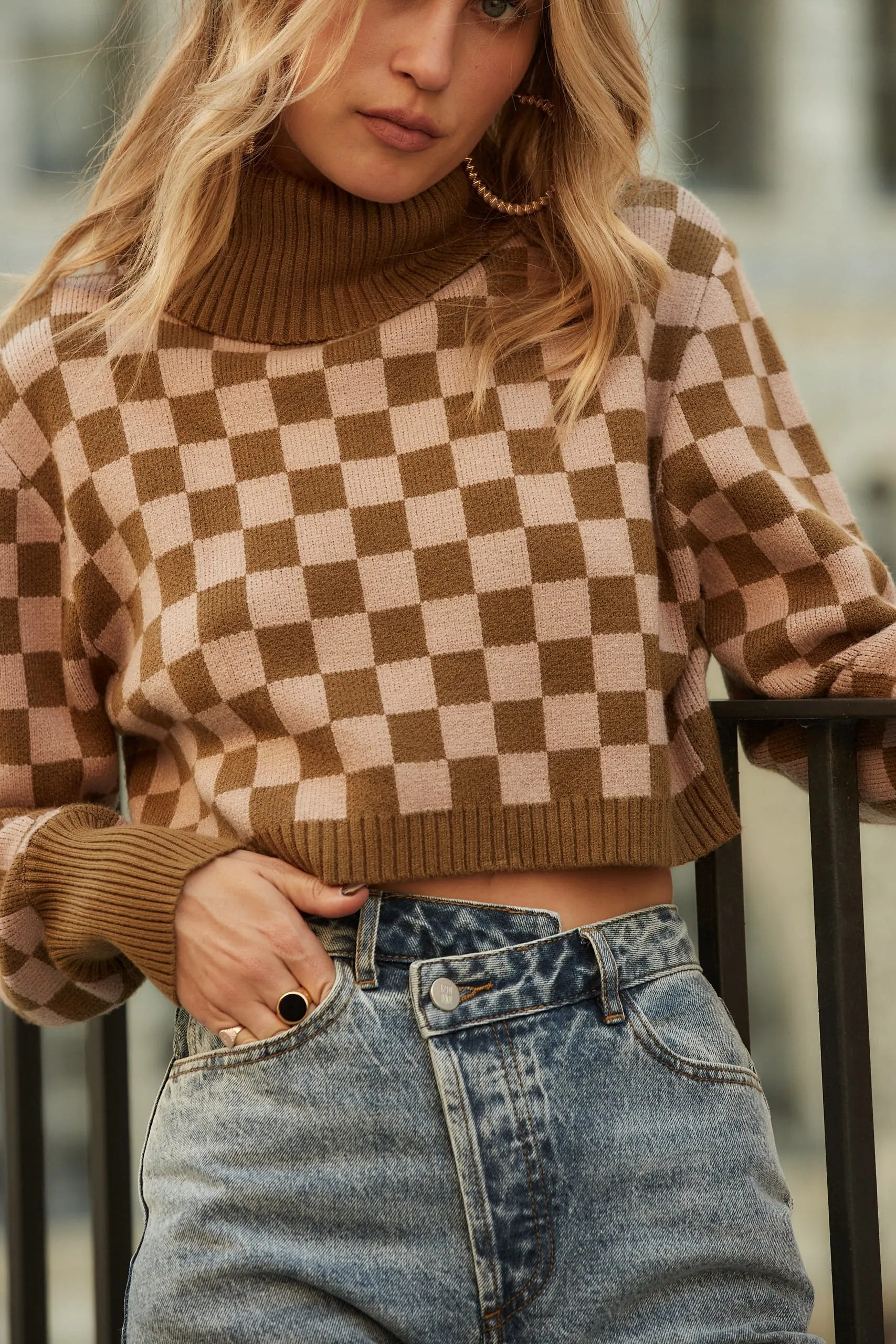 Clueless Olive Checkered Turtleneck Sweater