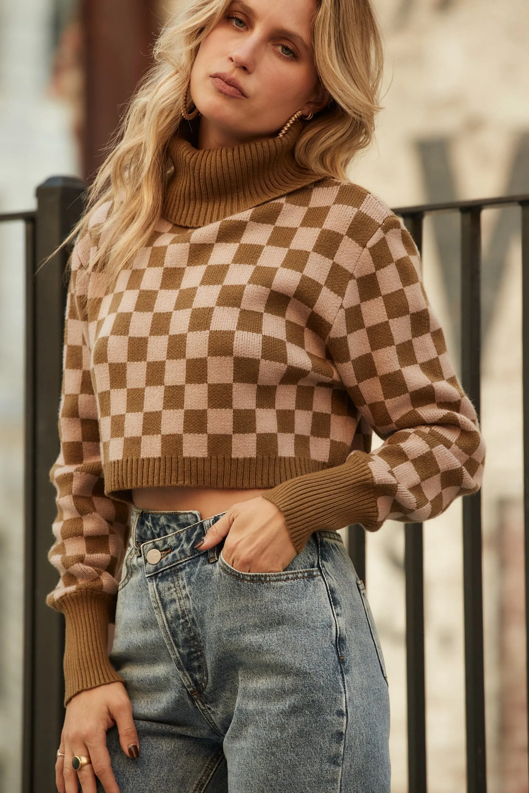 Clueless Olive Checkered Turtleneck Sweater