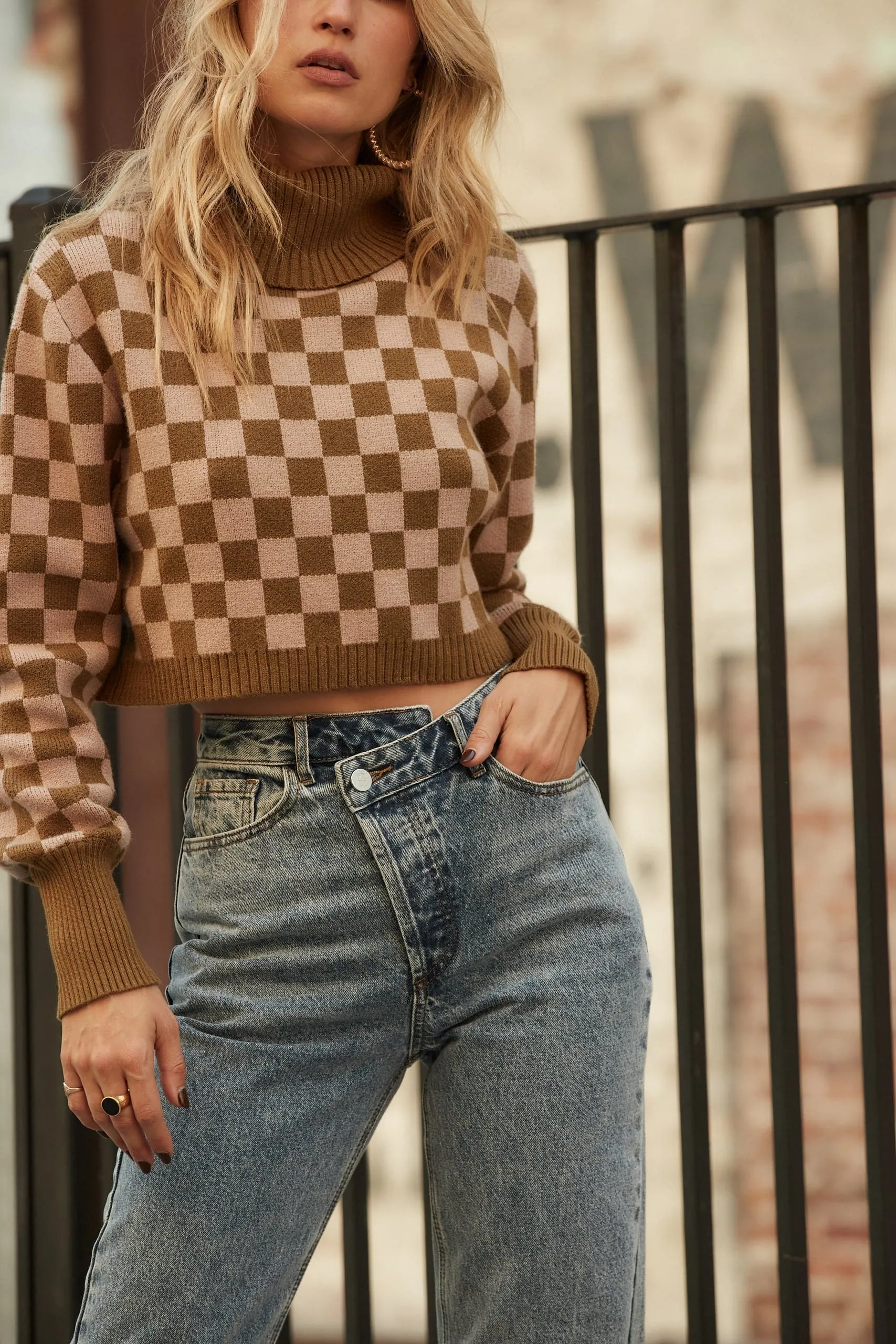 Clueless Olive Checkered Turtleneck Sweater