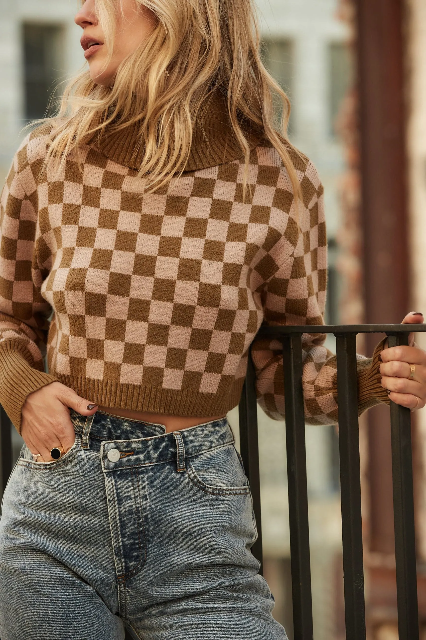Clueless Olive Checkered Turtleneck Sweater