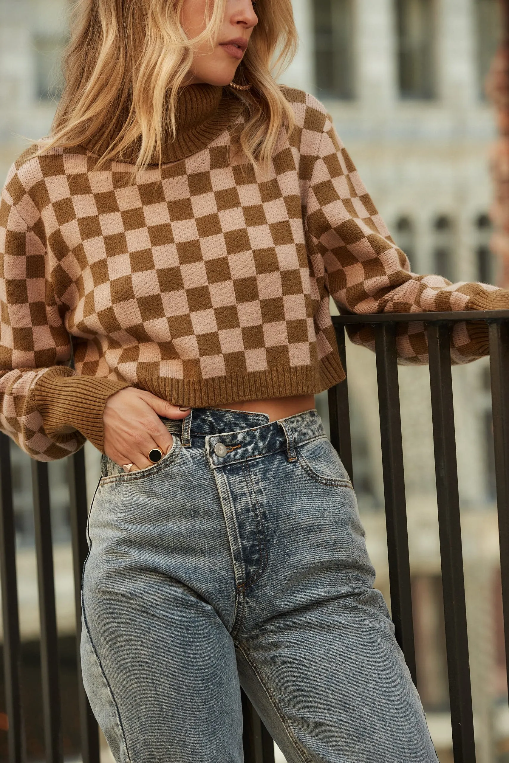Clueless Olive Checkered Turtleneck Sweater