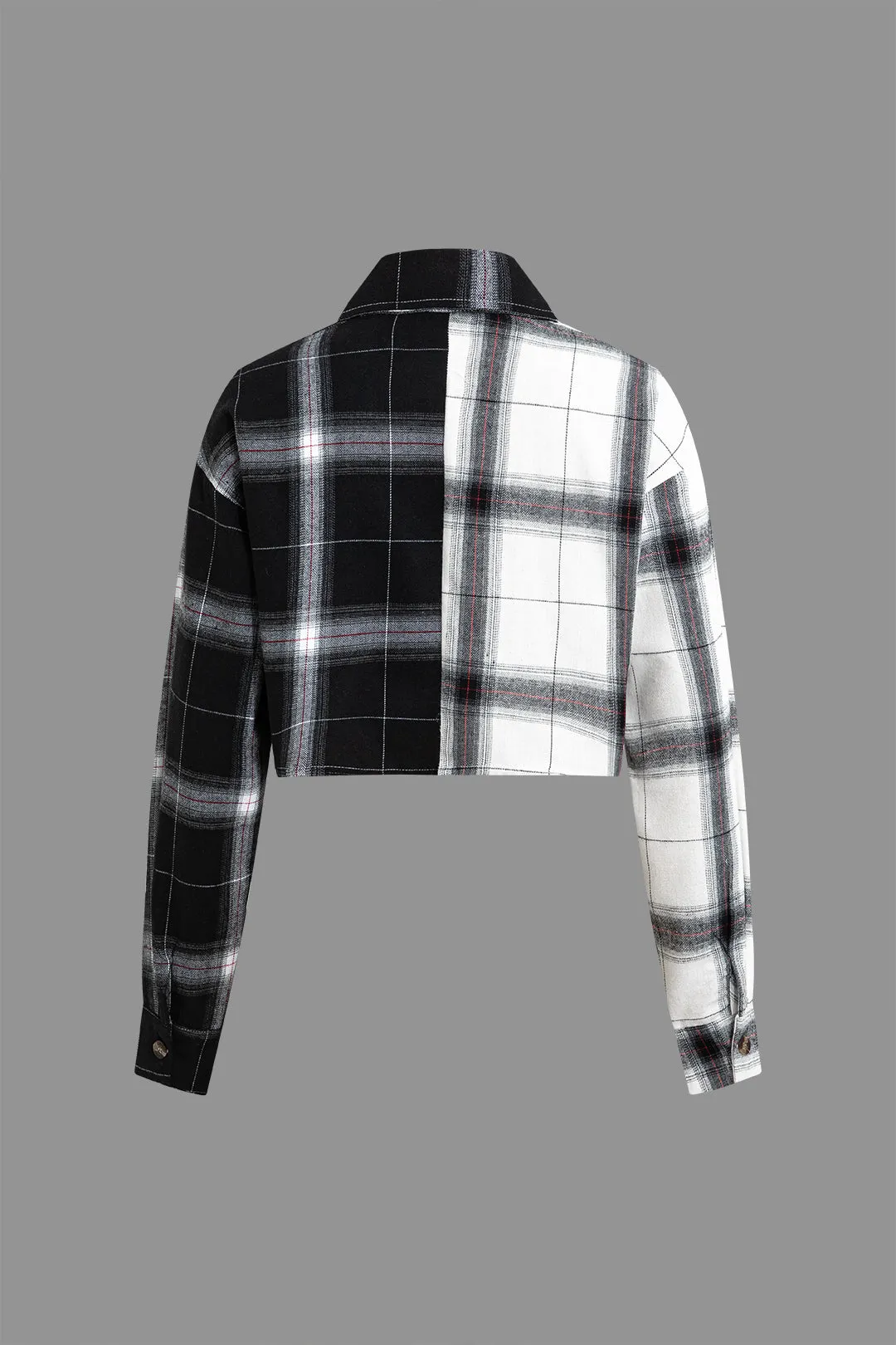Color Block Chest Pocket Long-Sleeve Crop Shirt