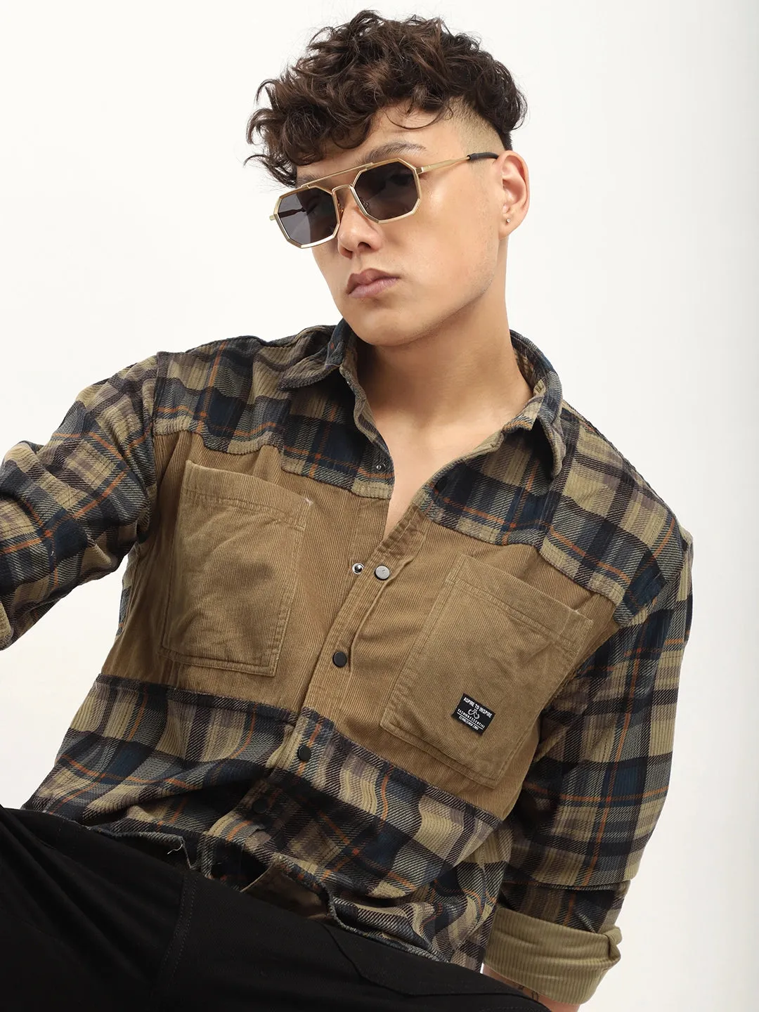 Corduroy Khaki Checkerd Stylish Full Sleeve Shirt