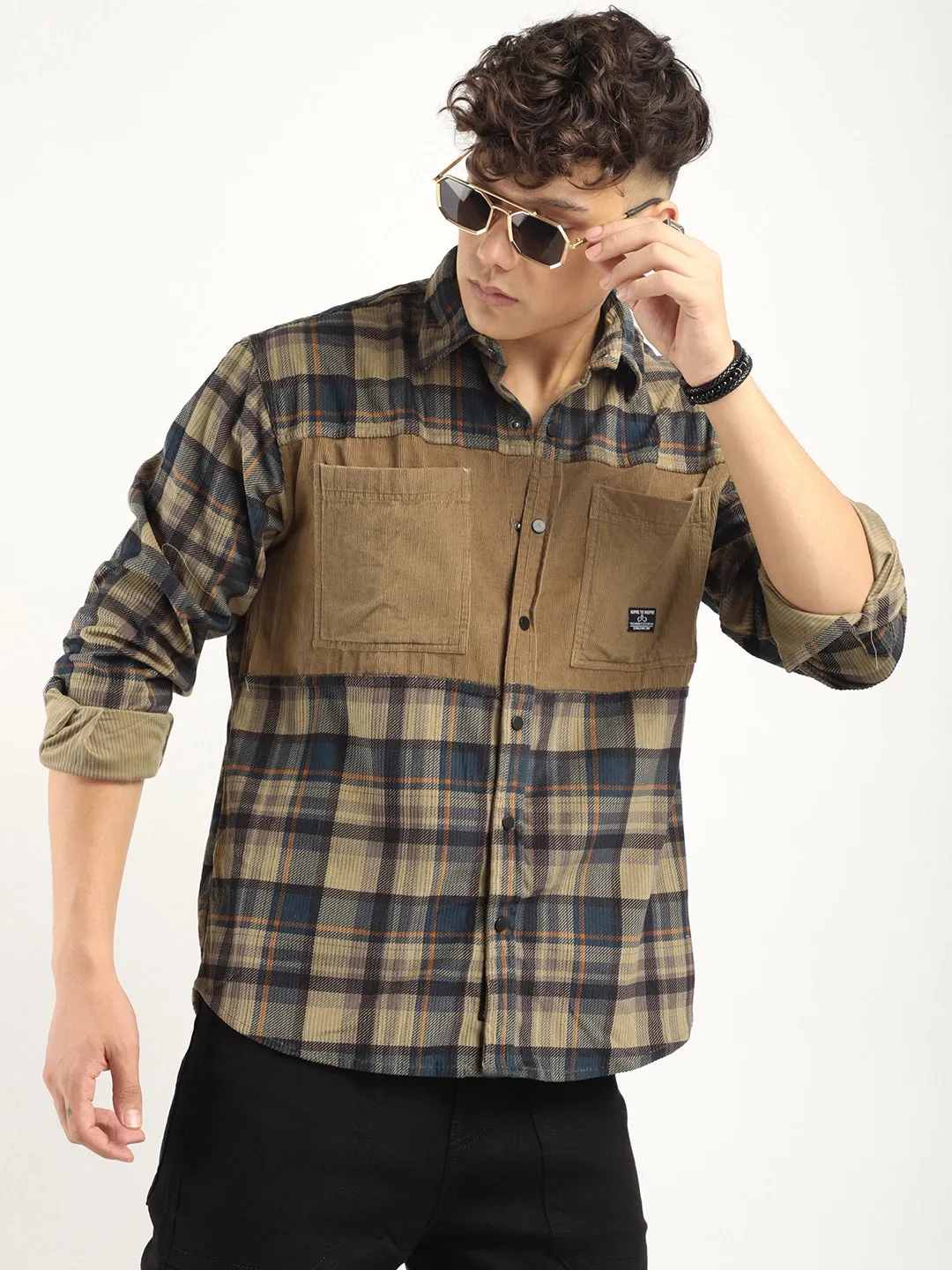 Corduroy Khaki Checkerd Stylish Full Sleeve Shirt