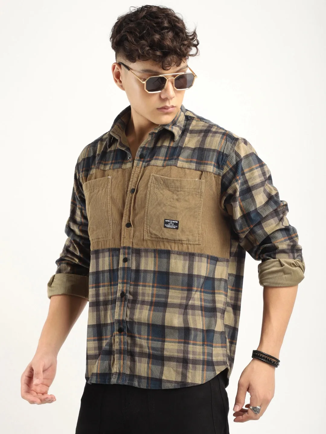 Corduroy Khaki Checkerd Stylish Full Sleeve Shirt