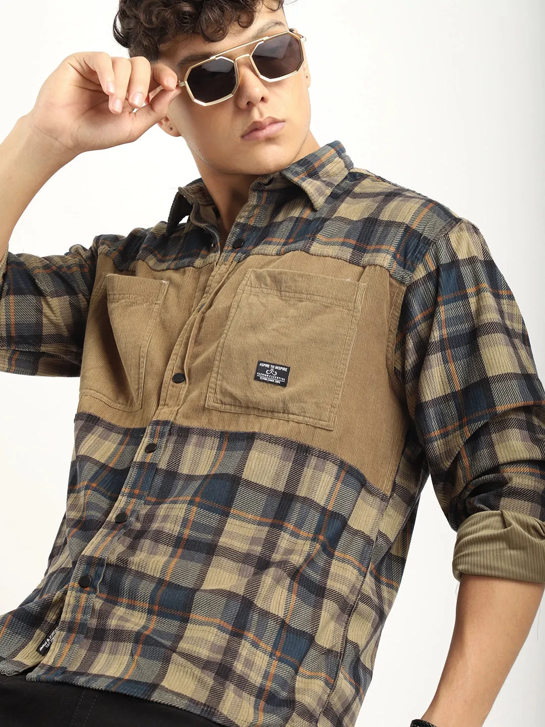 Corduroy Khaki Checkerd Stylish Full Sleeve Shirt