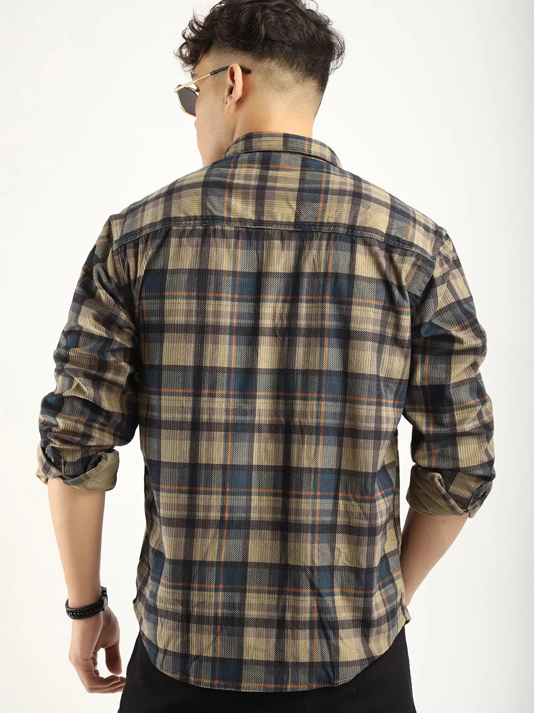 Corduroy Khaki Checkerd Stylish Full Sleeve Shirt