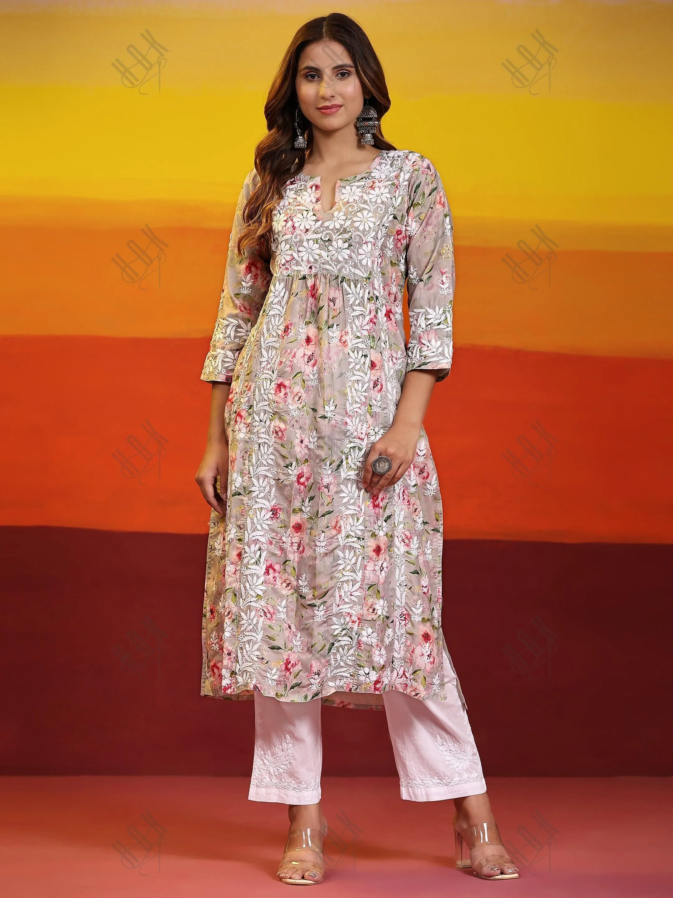 Fizaa Chikankari Long Kurta in Muslin Cotton for Women- Grey Print