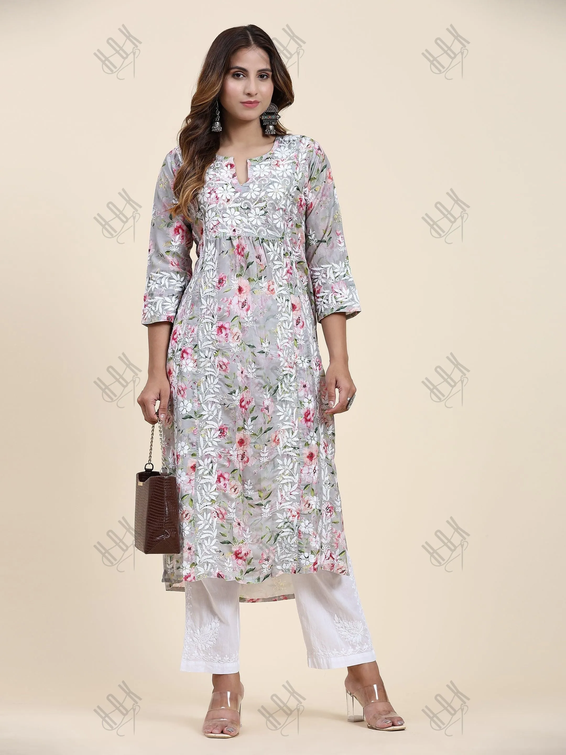 Fizaa Chikankari Long Kurta in Muslin Cotton for Women- Grey Print