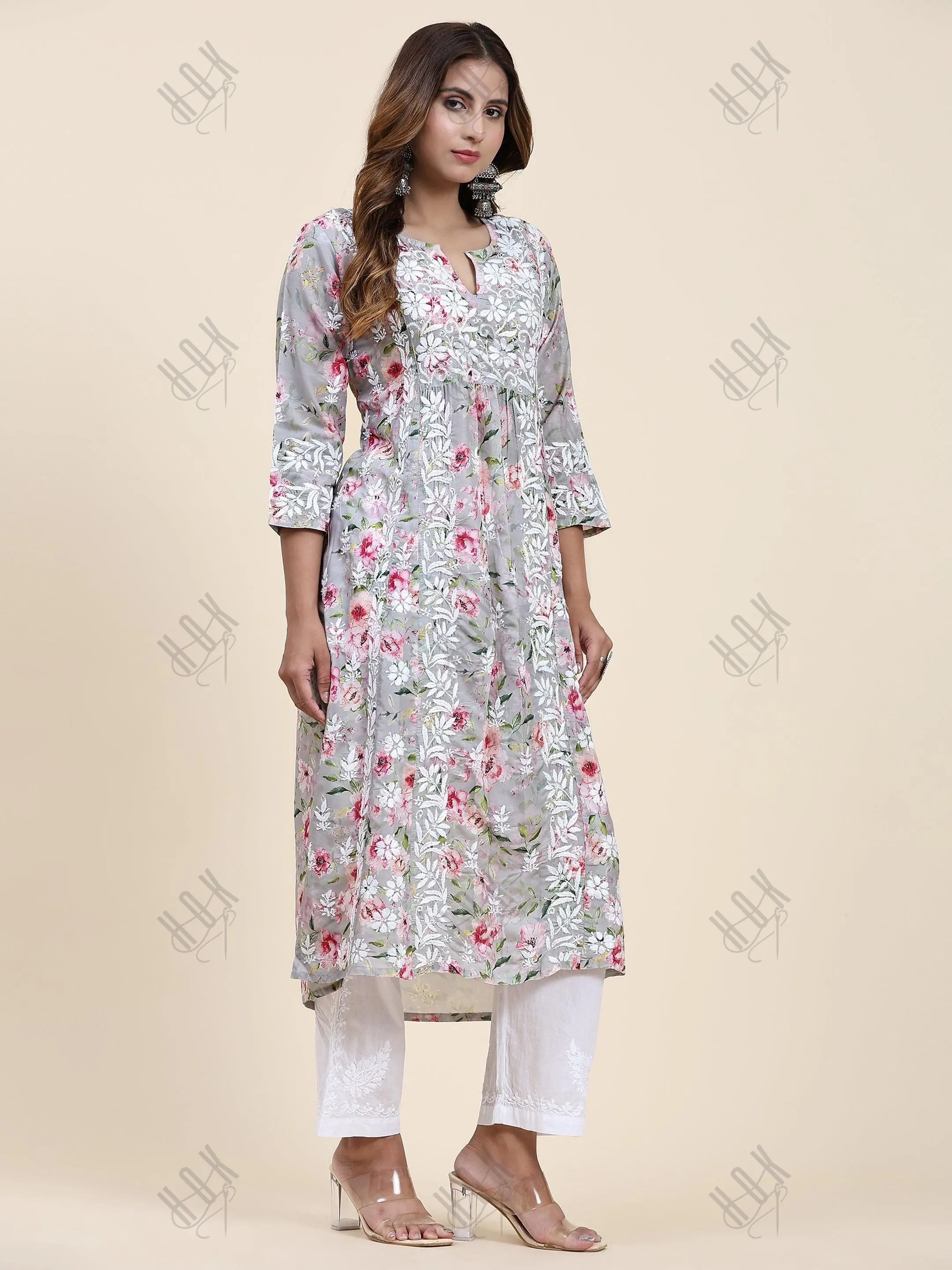 Fizaa Chikankari Long Kurta in Muslin Cotton for Women- Grey Print