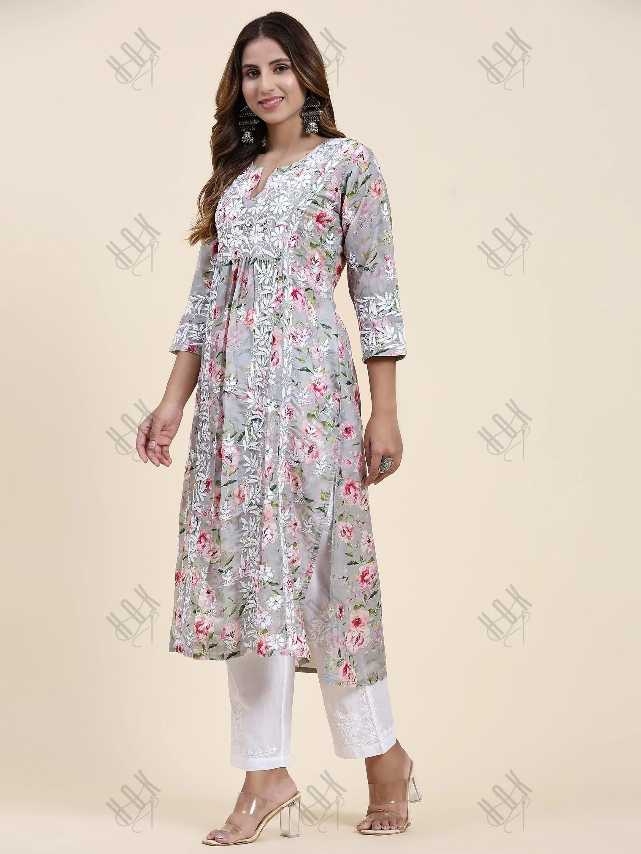 Fizaa Chikankari Long Kurta in Muslin Cotton for Women- Grey Print