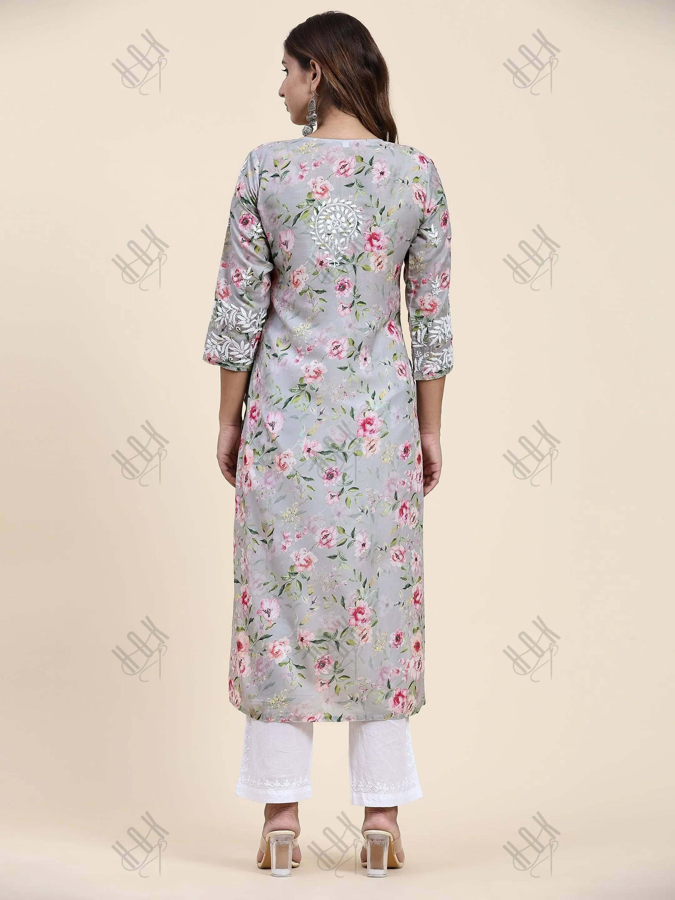 Fizaa Chikankari Long Kurta in Muslin Cotton for Women- Grey Print