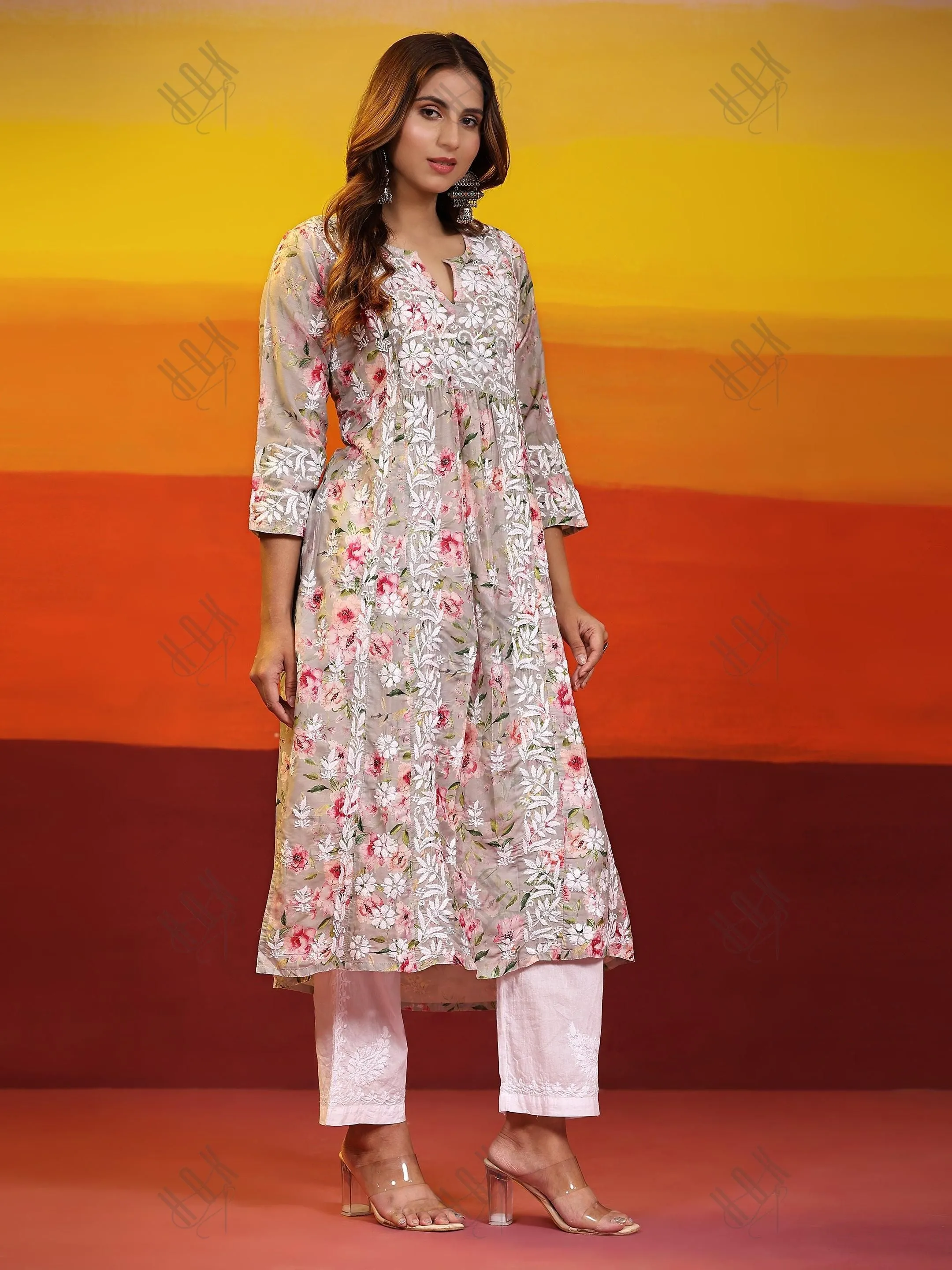 Fizaa Chikankari Long Kurta in Muslin Cotton for Women- Grey Print