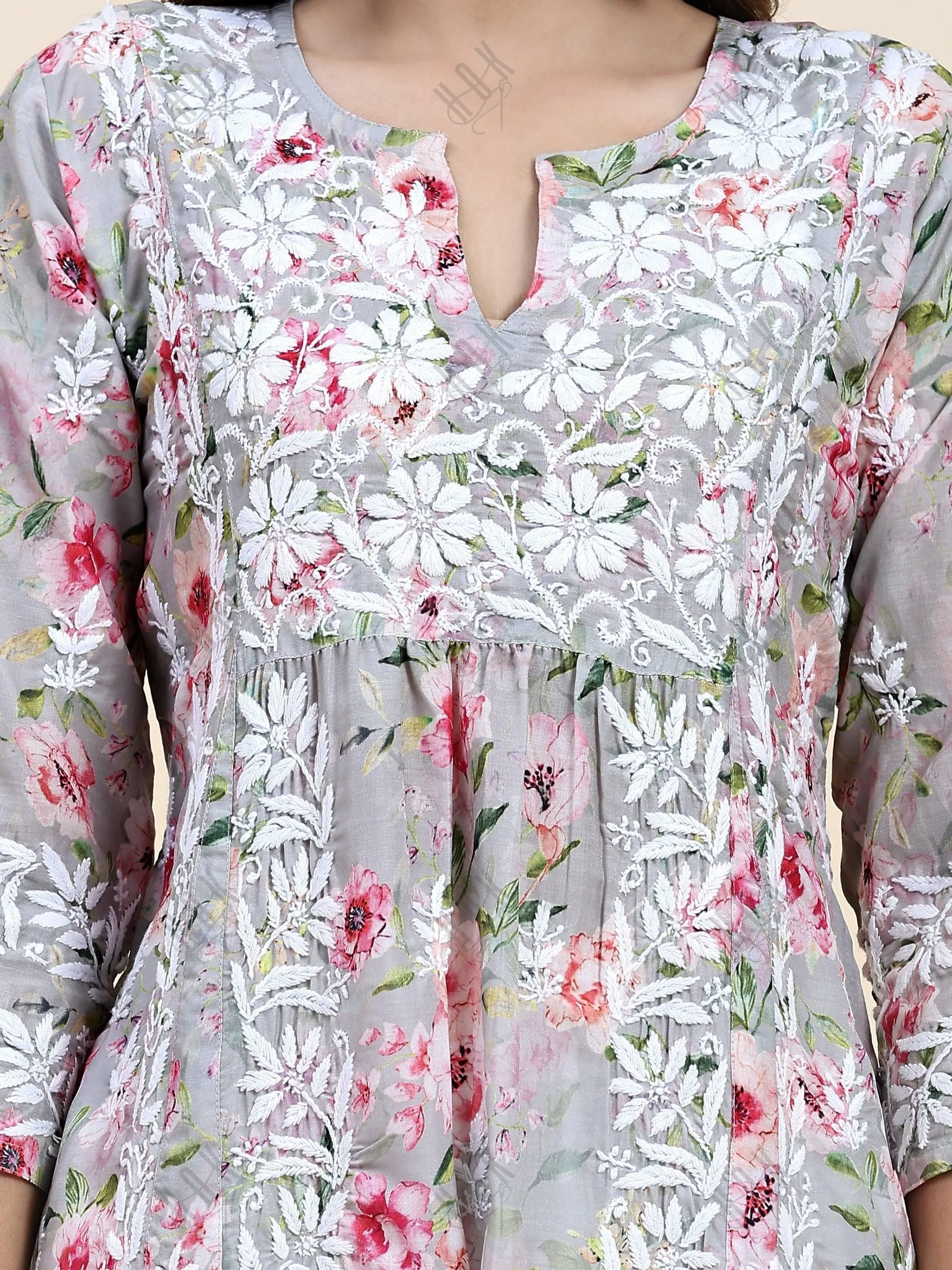 Fizaa Chikankari Long Kurta in Muslin Cotton for Women- Grey Print