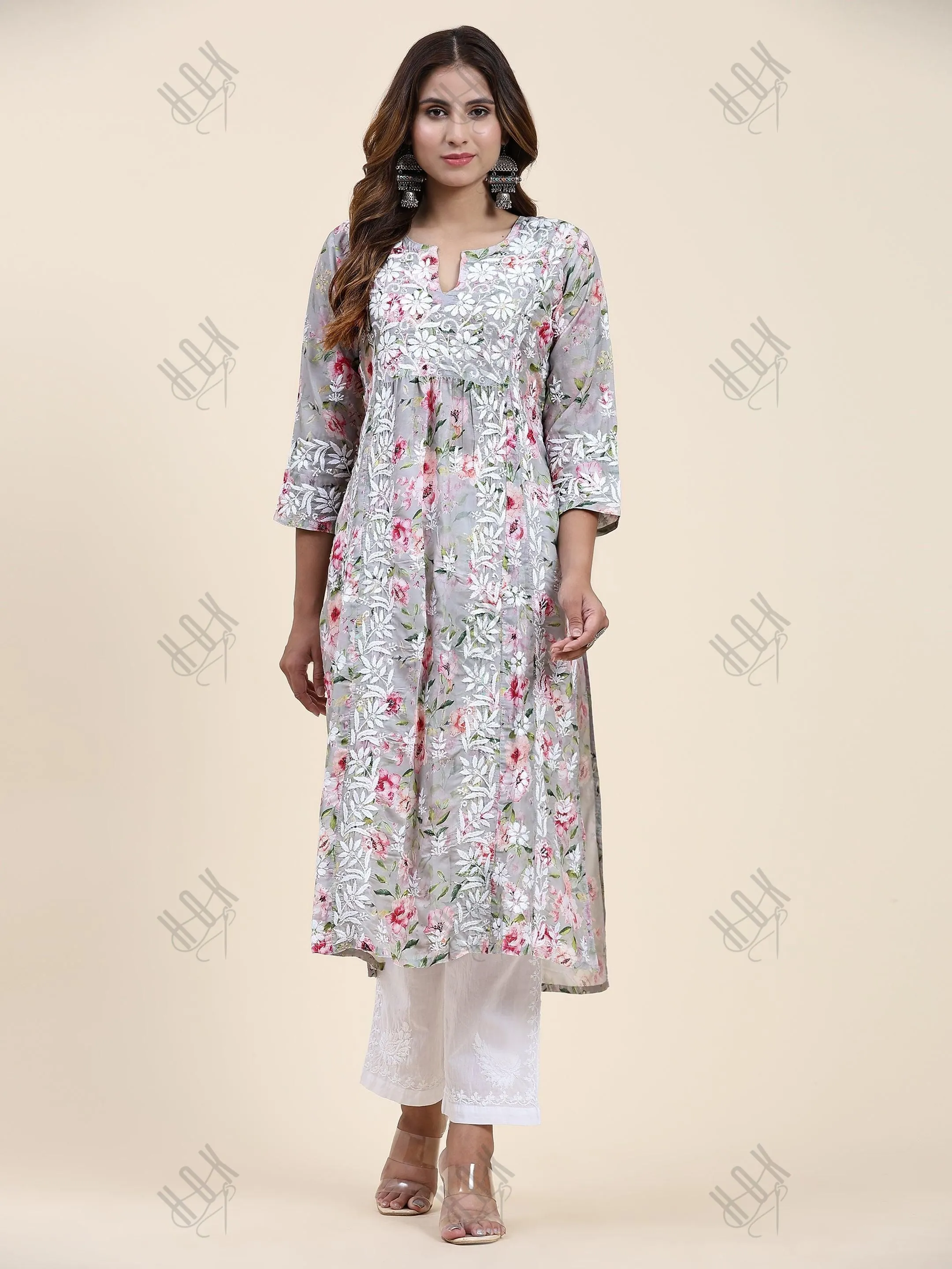 Fizaa Chikankari Long Kurta in Muslin Cotton for Women- Grey Print