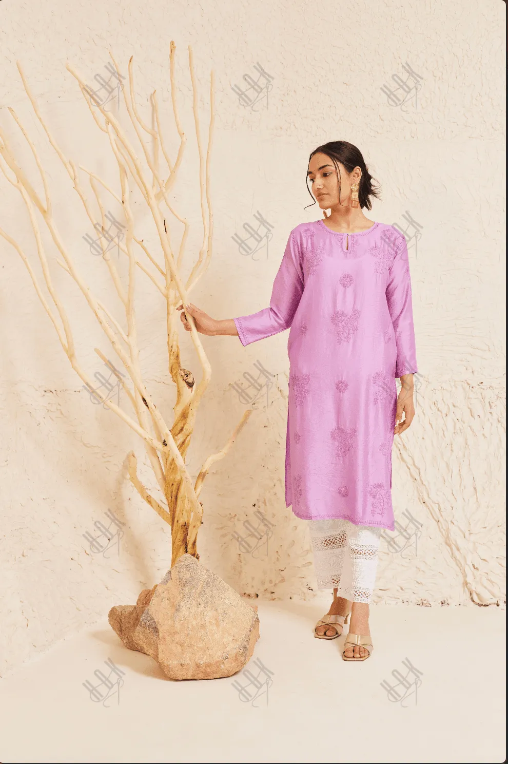 Fizaa Chikankari Long Kurta Notch Neck in Chanderi Silk for Women - Purple