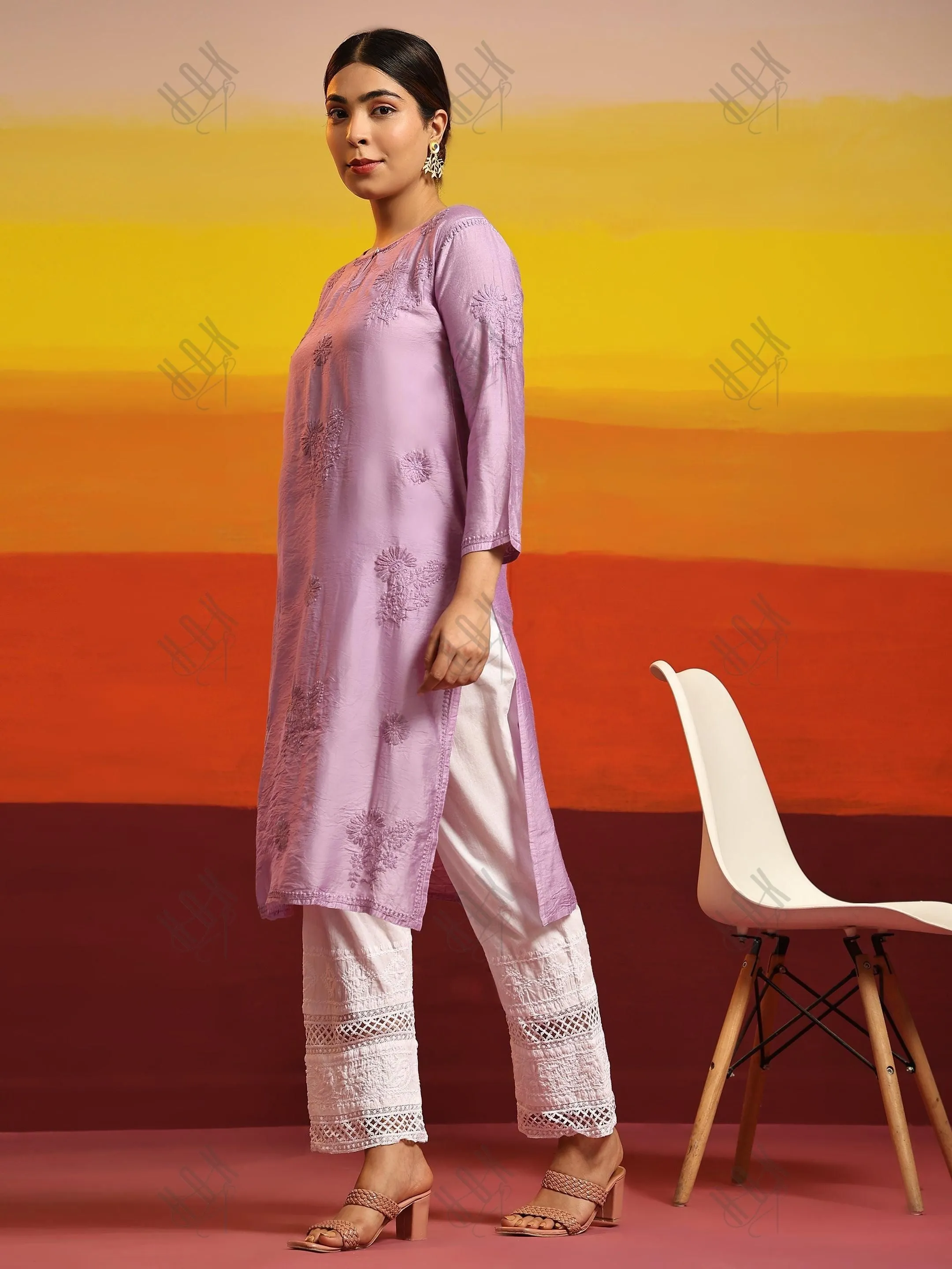 Fizaa Chikankari Long Kurta Notch Neck in Chanderi Silk for Women - Purple