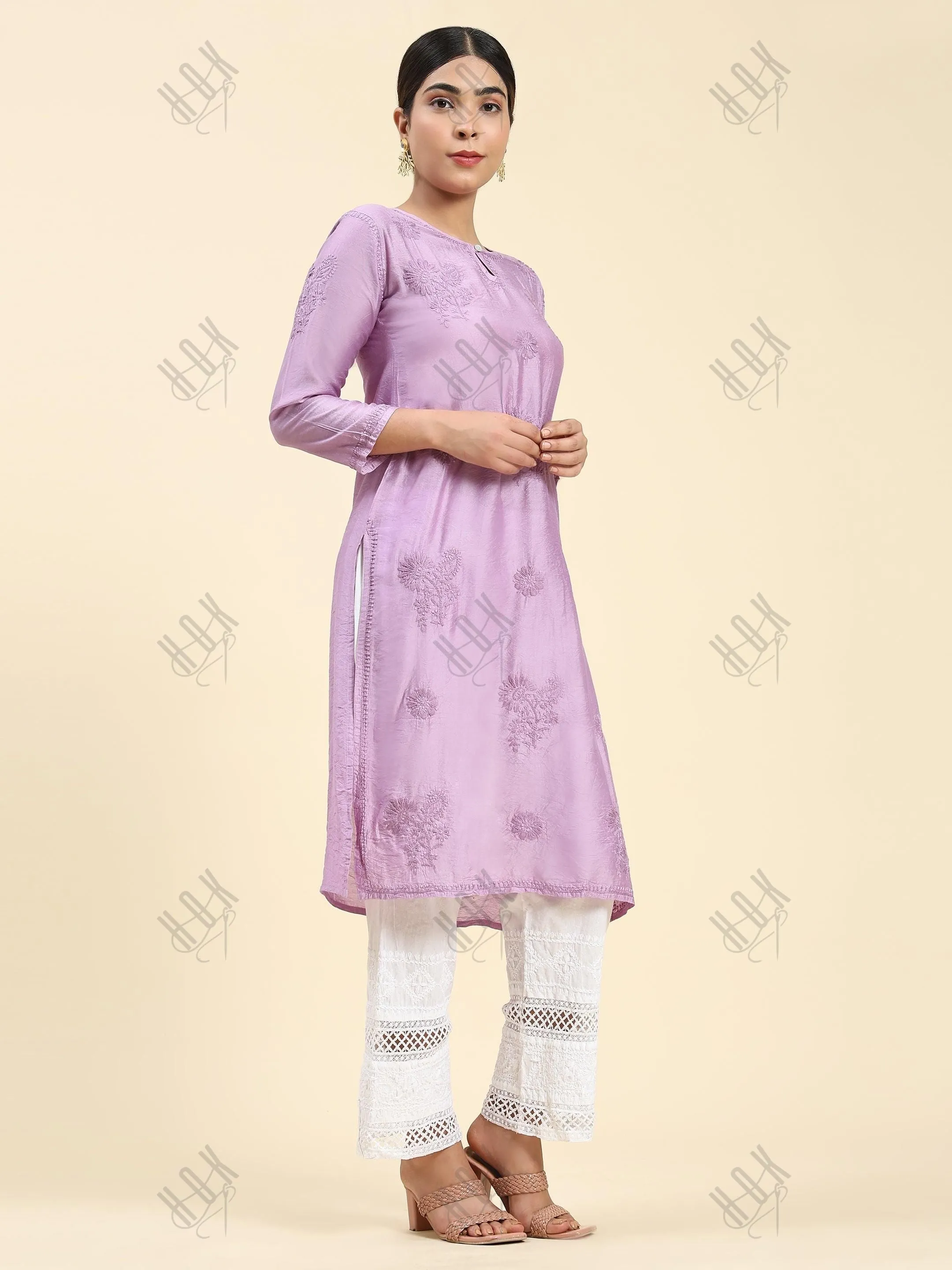 Fizaa Chikankari Long Kurta Notch Neck in Chanderi Silk for Women - Purple
