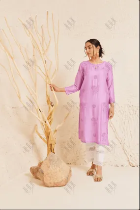 Fizaa Chikankari Long Kurta Notch Neck in Chanderi Silk for Women - Purple