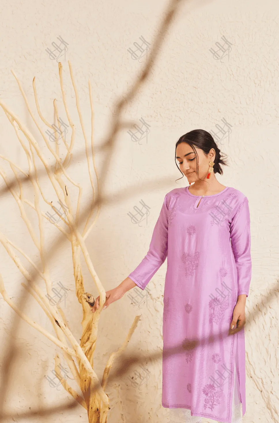 Fizaa Chikankari Long Kurta Notch Neck in Chanderi Silk for Women - Purple