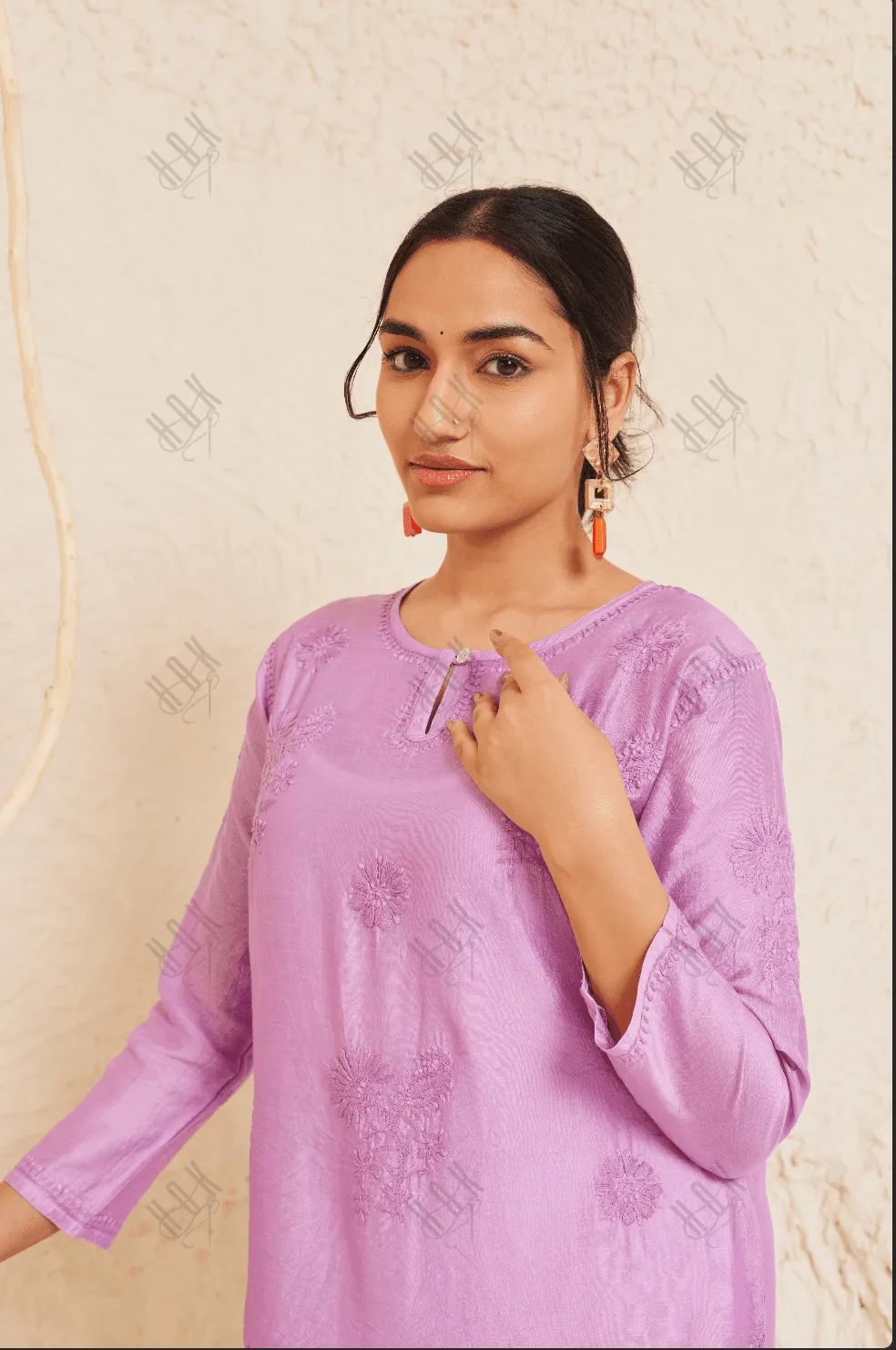 Fizaa Chikankari Long Kurta Notch Neck in Chanderi Silk for Women - Purple