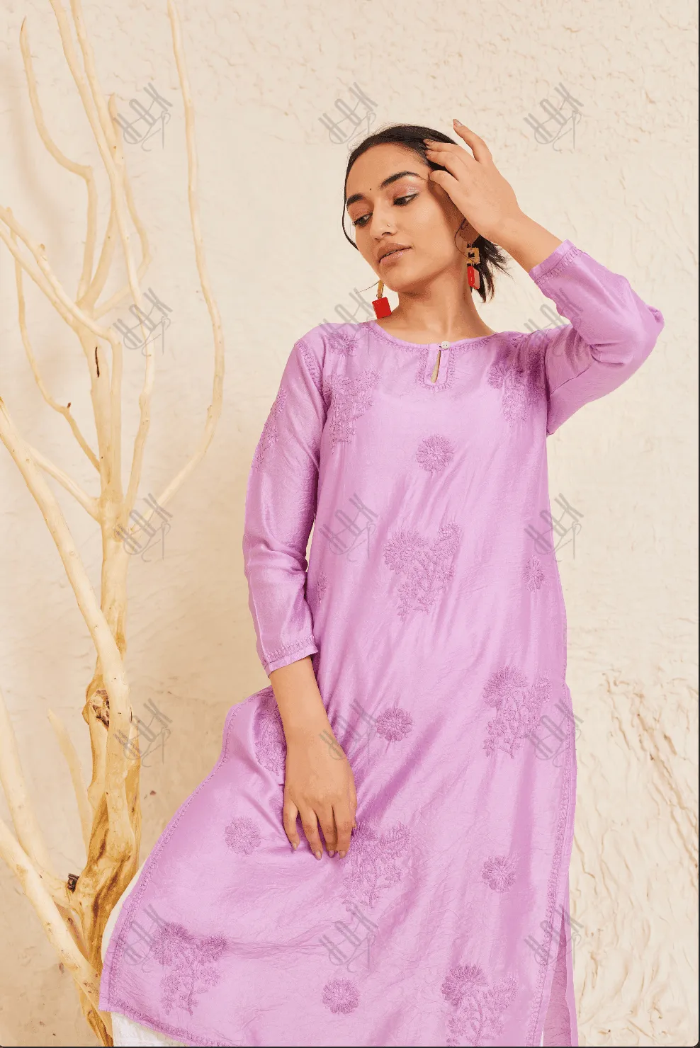 Fizaa Chikankari Long Kurta Notch Neck in Chanderi Silk for Women - Purple