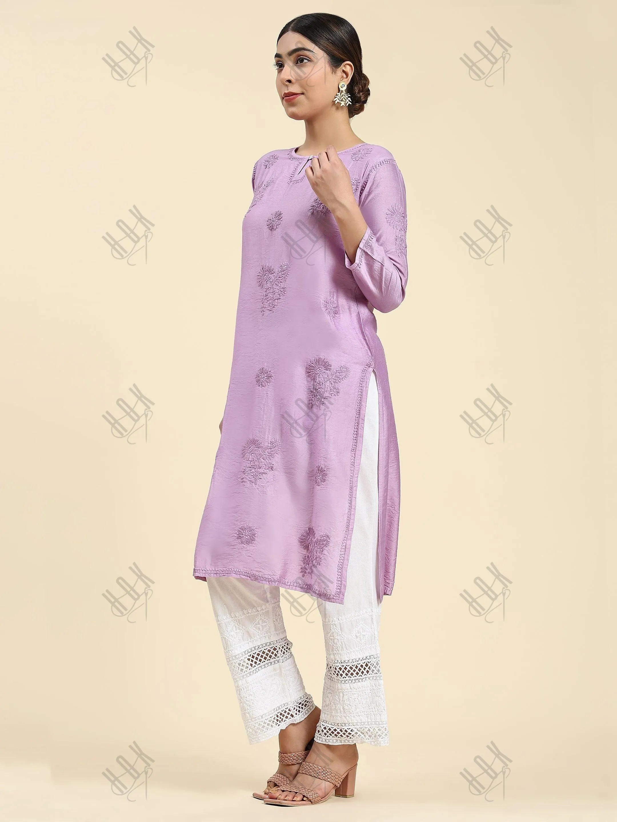 Fizaa Chikankari Long Kurta Notch Neck in Chanderi Silk for Women - Purple