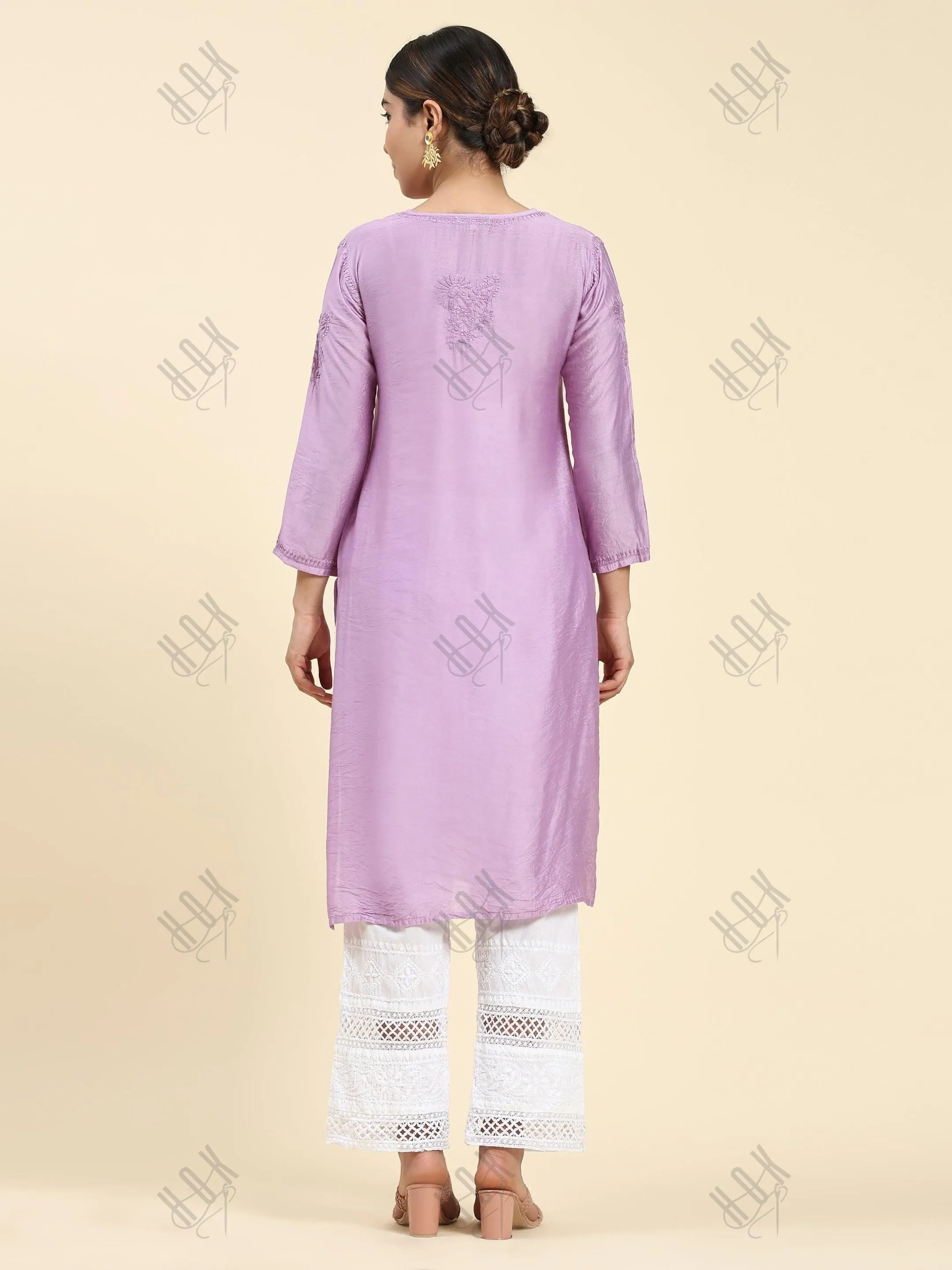 Fizaa Chikankari Long Kurta Notch Neck in Chanderi Silk for Women - Purple