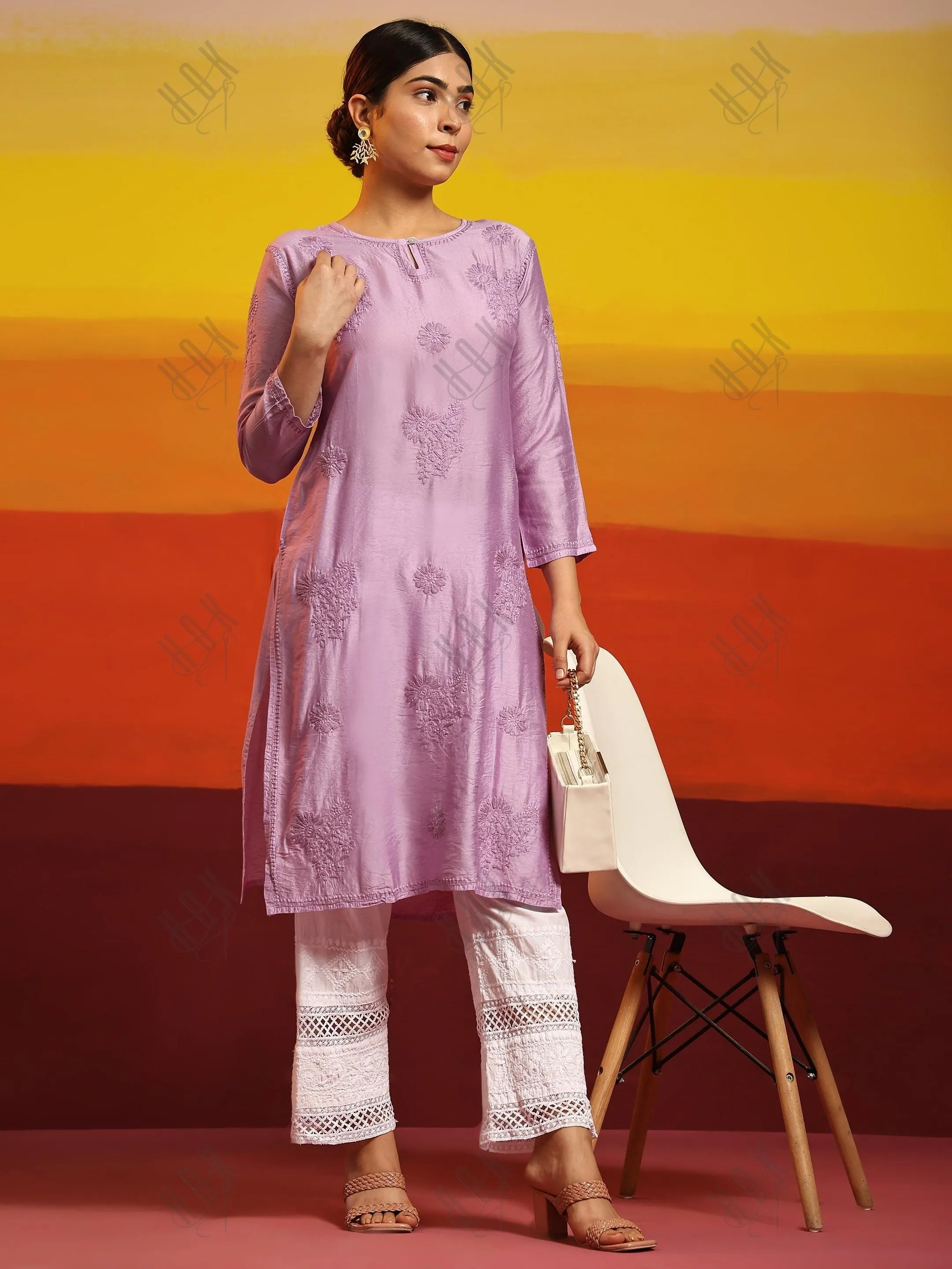 Fizaa Chikankari Long Kurta Notch Neck in Chanderi Silk for Women - Purple