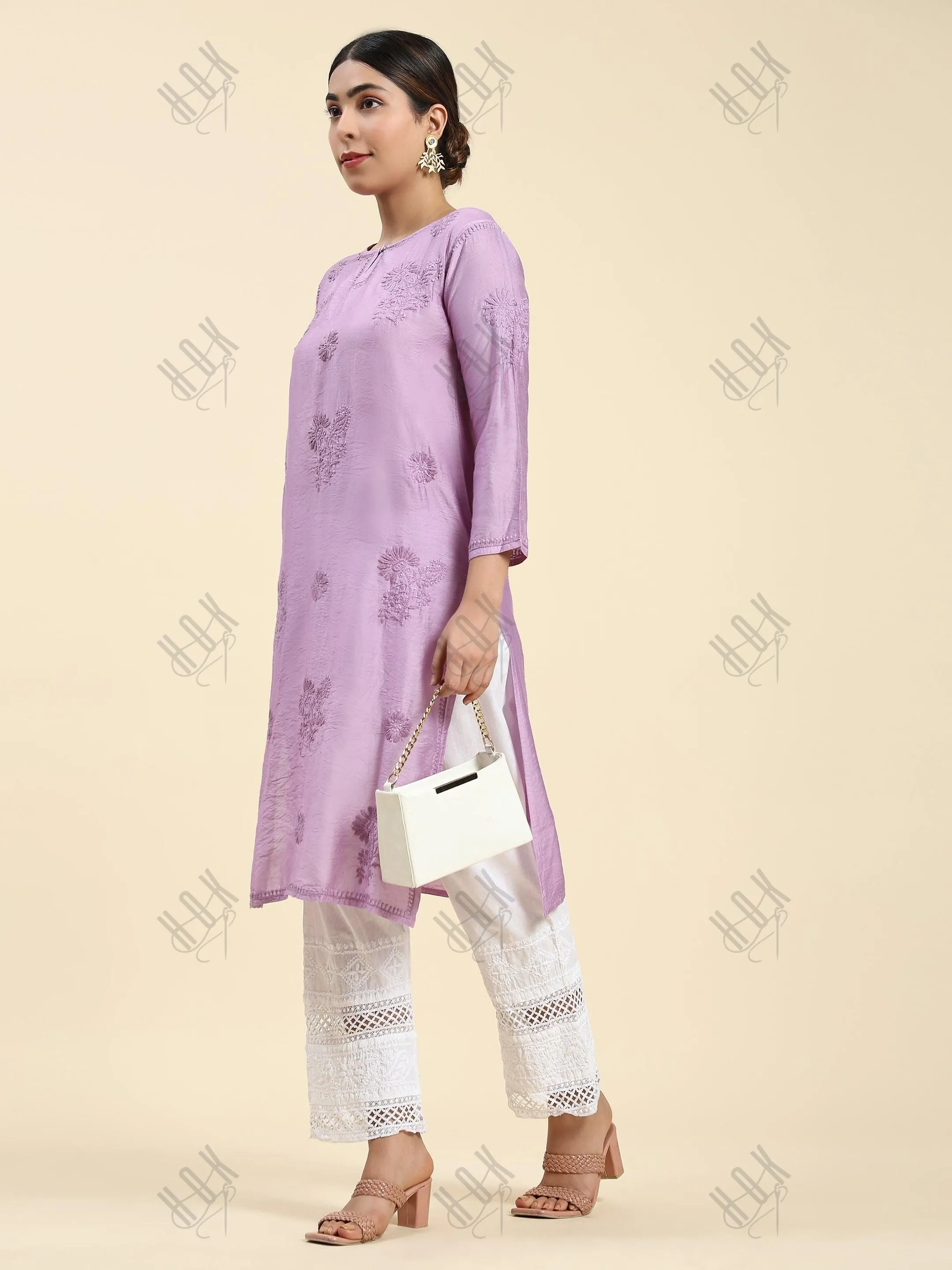 Fizaa Chikankari Long Kurta Notch Neck in Chanderi Silk for Women - Purple