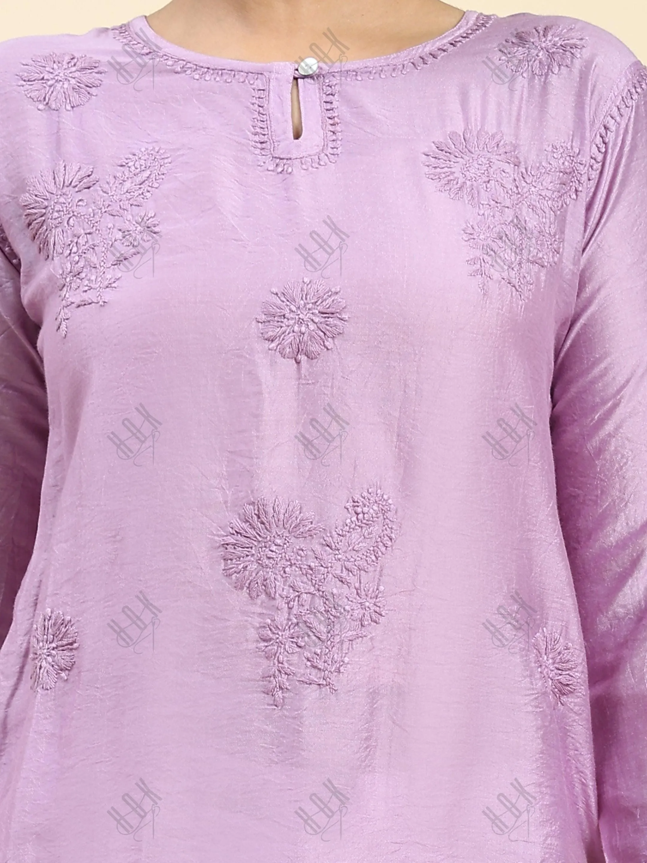 Fizaa Chikankari Long Kurta Notch Neck in Chanderi Silk for Women - Purple