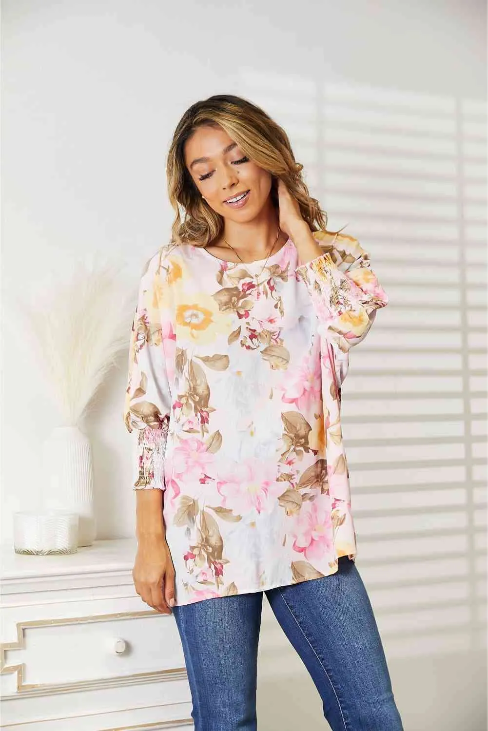 Floral Round Neck Three-Quarter Sleeve Top