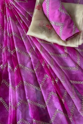 Fuchsia And Beige Unstitched Lehenga Set Fabric (3 Piece)