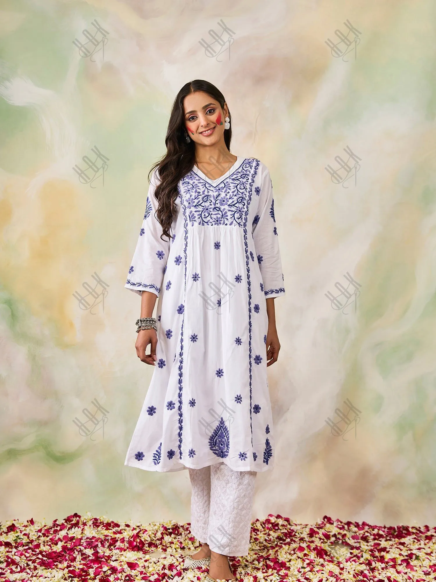 Hand Embroidery Chikankari Long Kurti for Women | Stylish Casual | Fancy| White with Blue