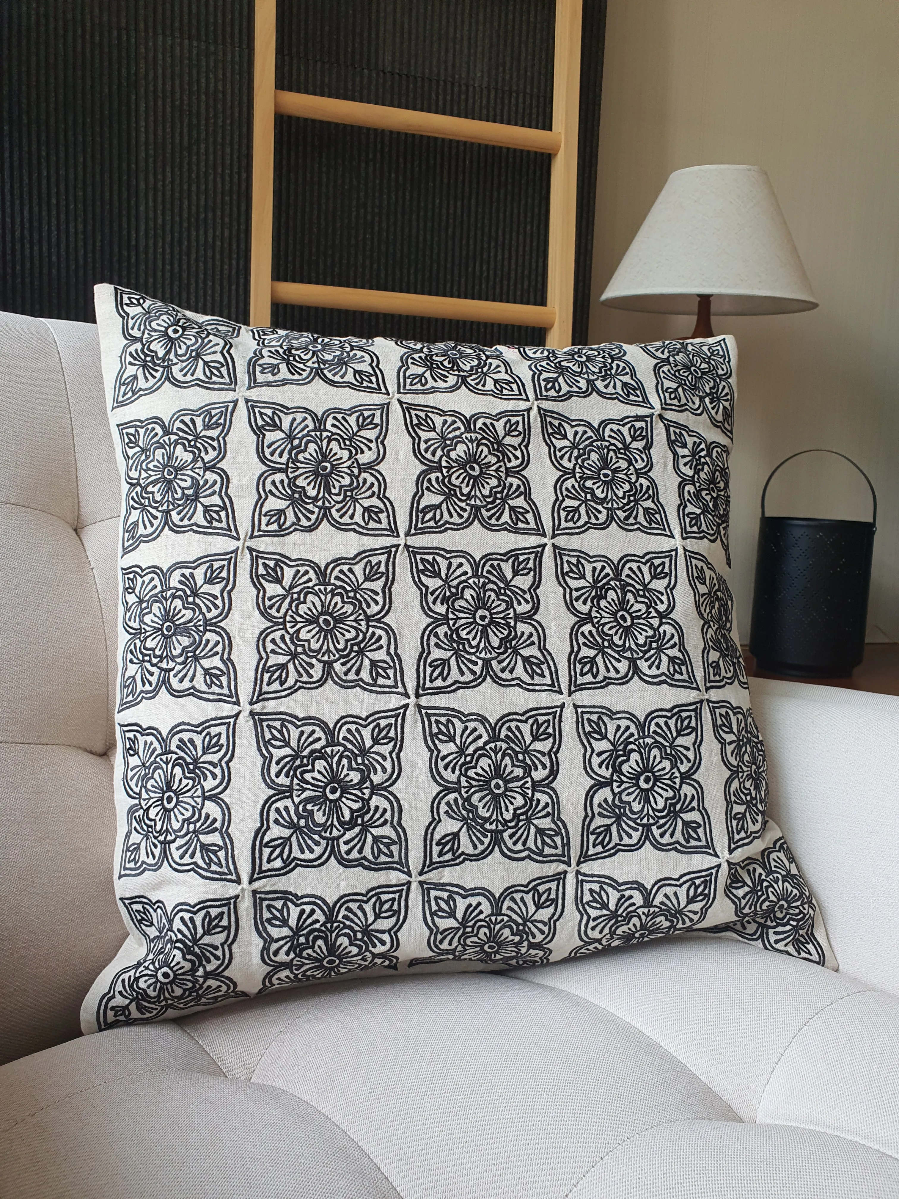 Henna Pattern Black and Beige Pillow Cover , Embroidered Black and Natural Cotton Linen Cushion , Black and Ecru Natural Cotton Linen Pillow