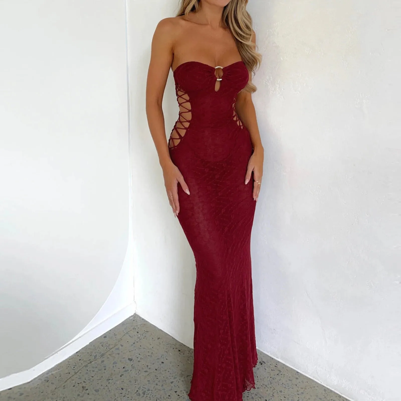 Hirigin Women Sexy Tube Long Dress Fashion Strapless Backless Hollowed Slim Fit Cocktail Dress Summer Holiday Beach Maxi Dress