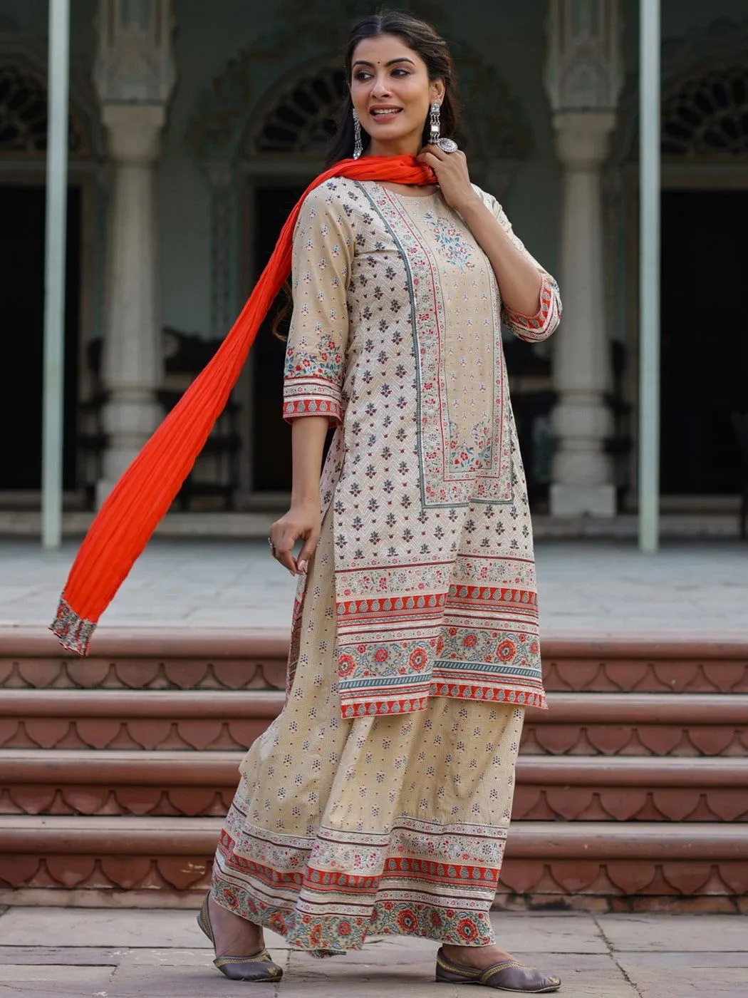 Juniper Beige Ethnic Motif Printed Pure Cotton Kurta Sharara & Dupatta Set.