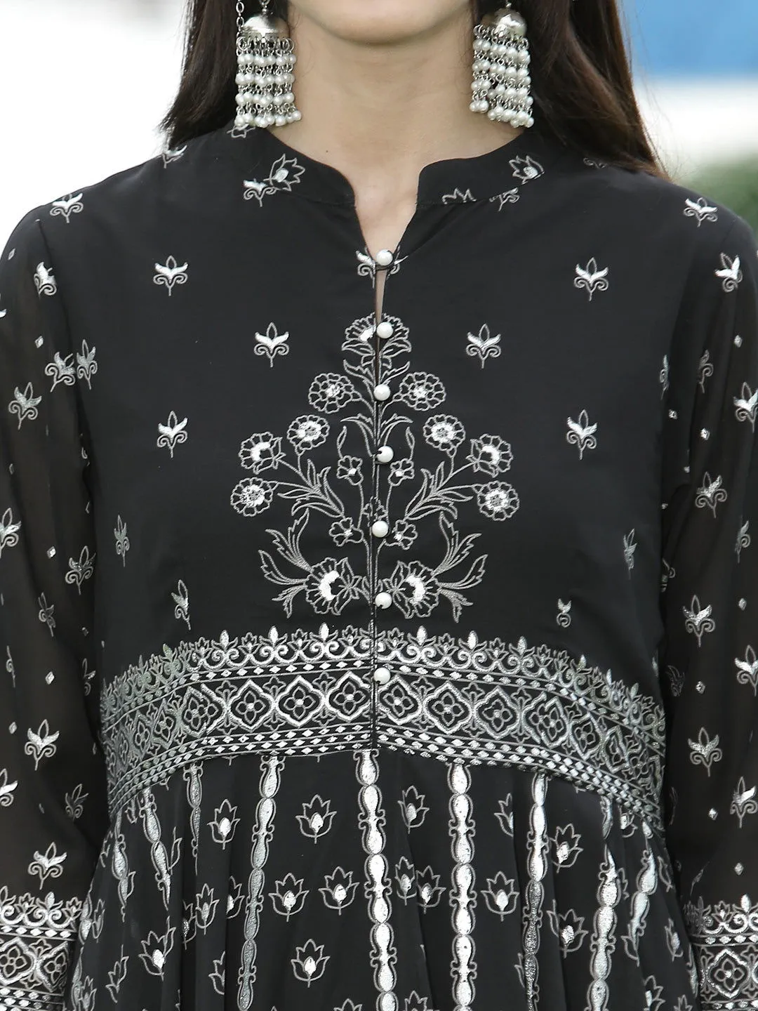 Juniper Black Ethnic Motif Printed Georgette Anarkali Kurta & Palazzo Set With Buttons